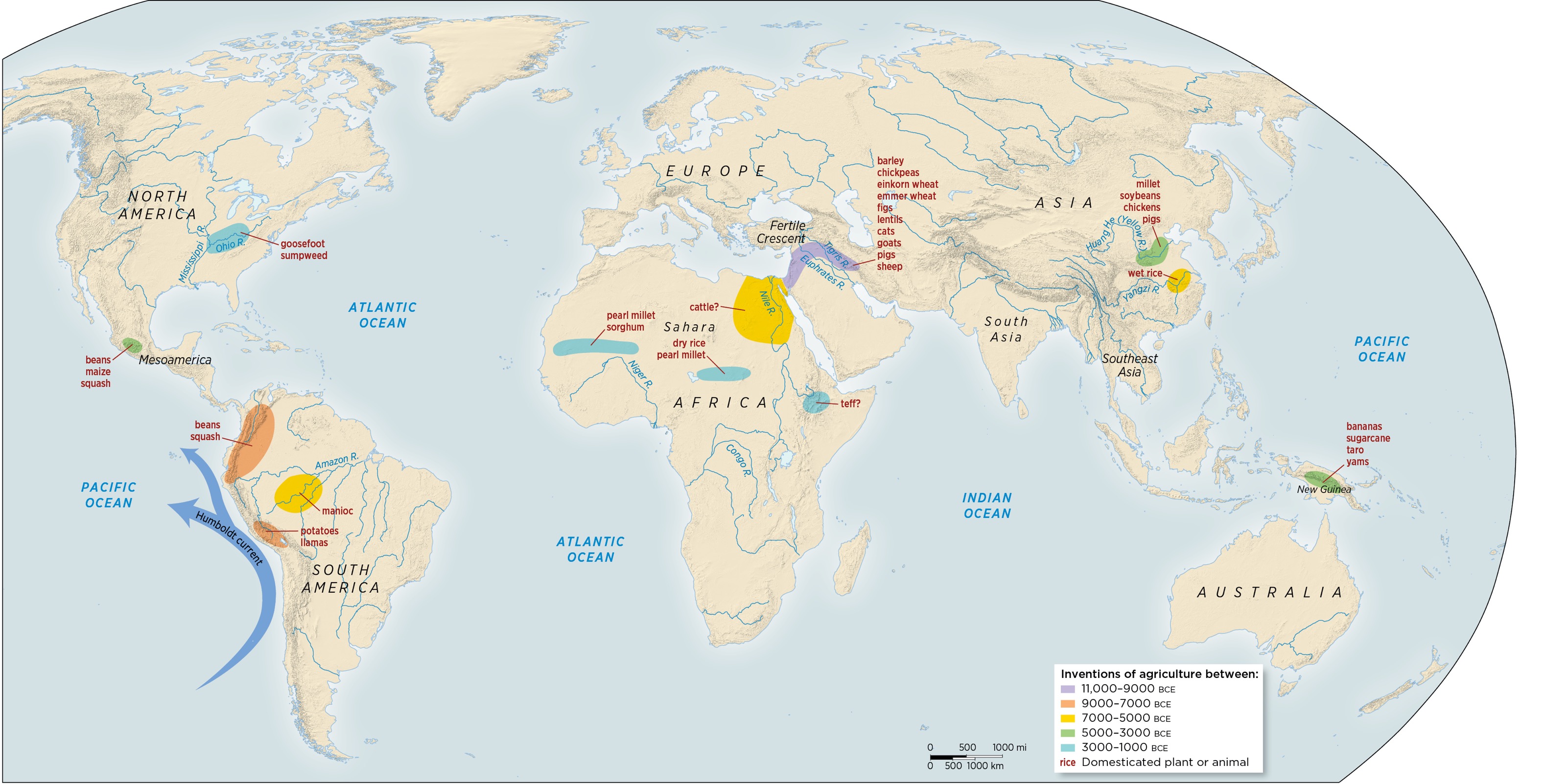 A map of the world shows the inventions of agriculture and domestication of animals between 11,000 and 1000 BCE.