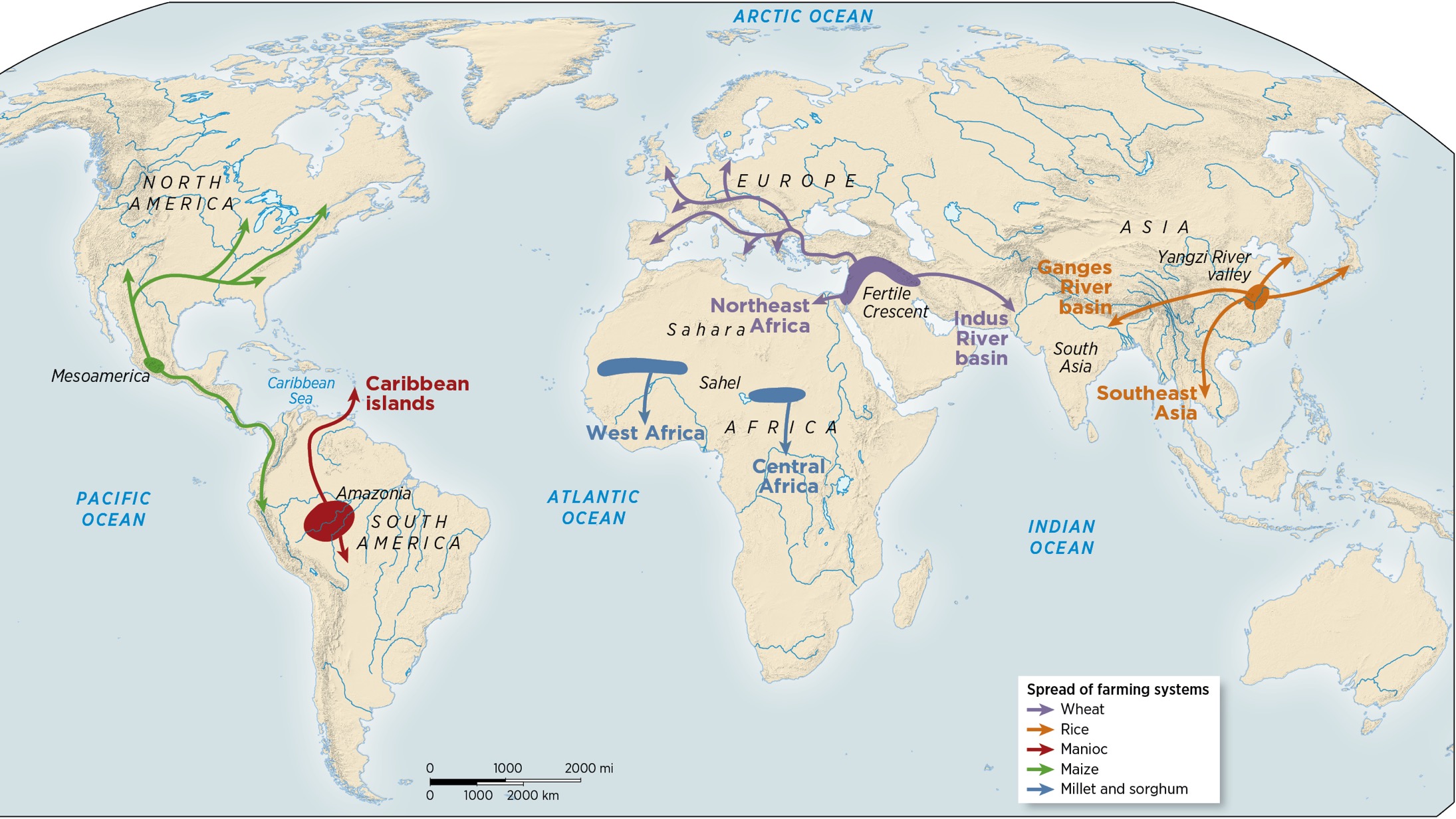 A map of the world traces the spread of farming systems from their origin to other regions of the world.