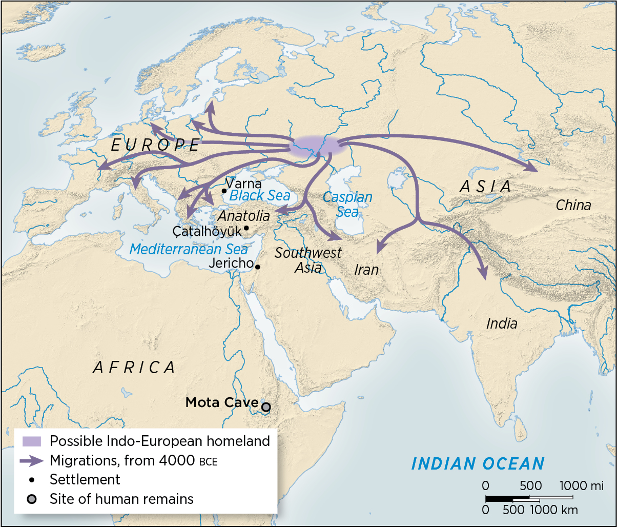 A map of Eurasia traces the migration routes from 4000 BCE, from a possible Indo-European homeland.