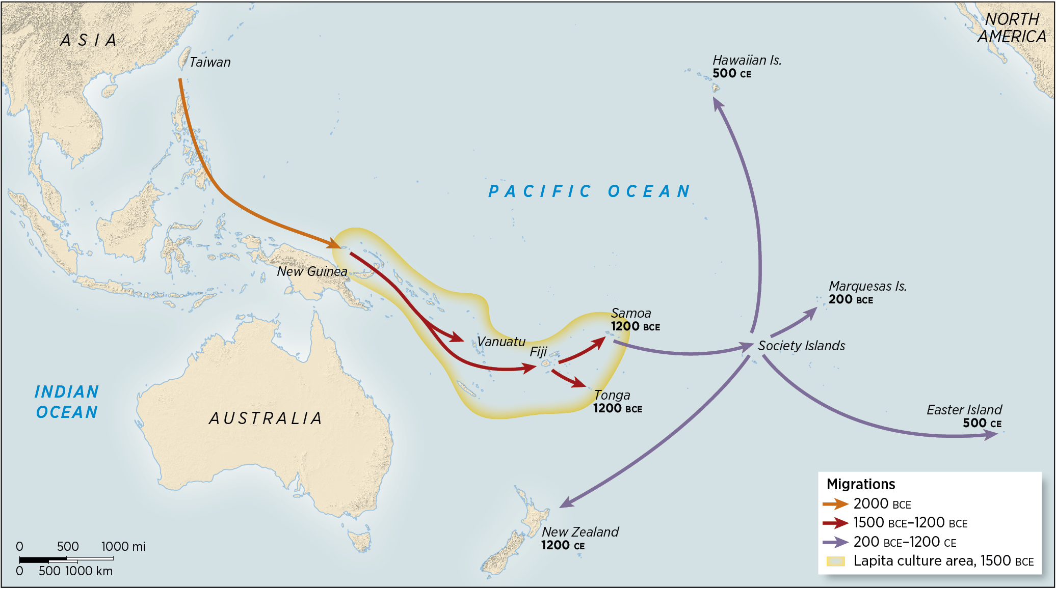 A map of the Pacific Ocean traces the migratory routes of humans to various uninhabited islands circa 2000 BCE to 1200 CE.