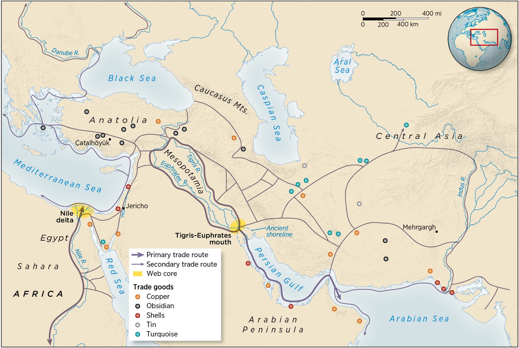 A map shows the trade routes and the first regional webs of Mesopotamia, circa 5000 to 3500 BCE.