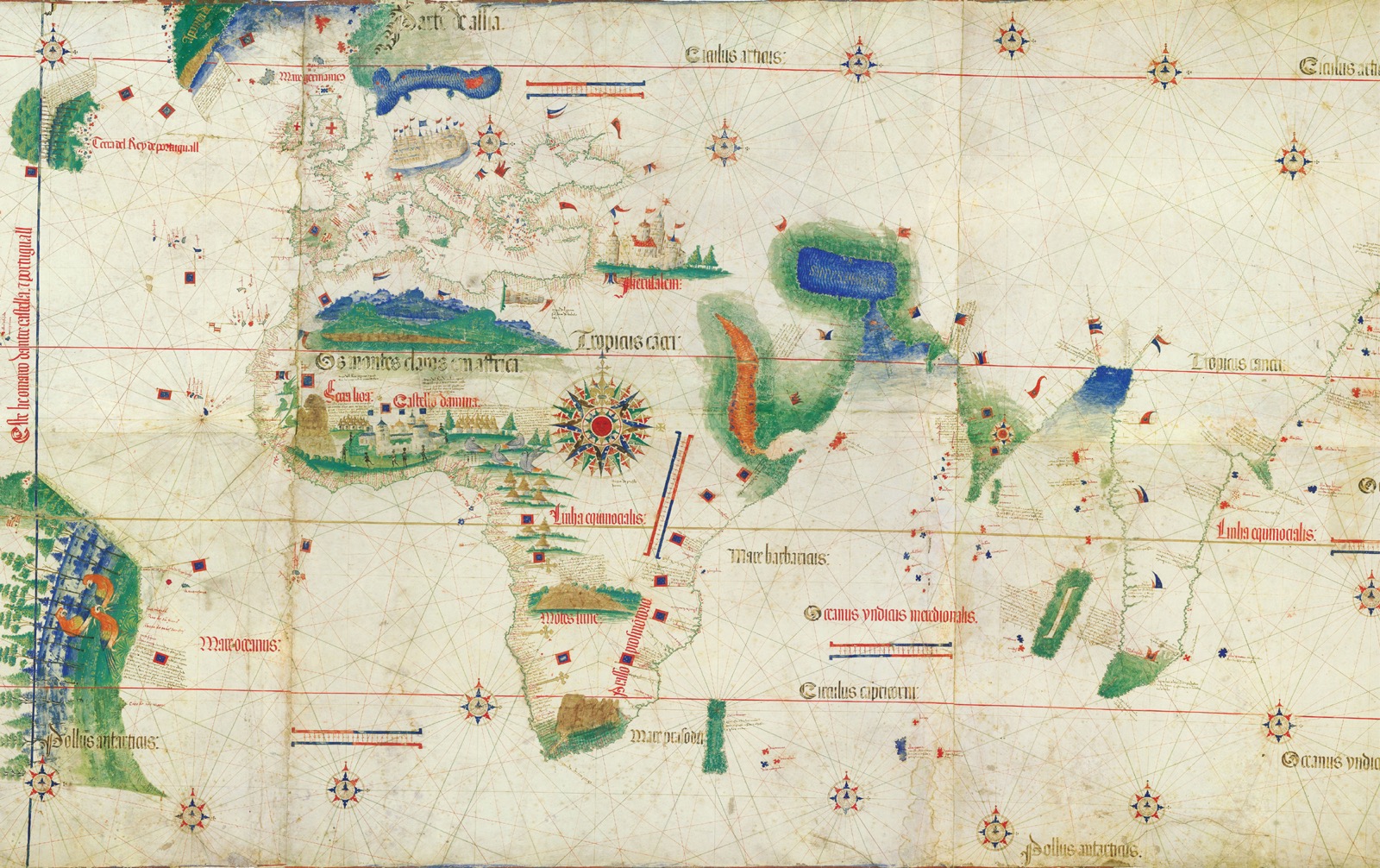 A Portolan Chart of Africa and some parts of Eurasia, shows wind rose lines from multiple locations on the map.