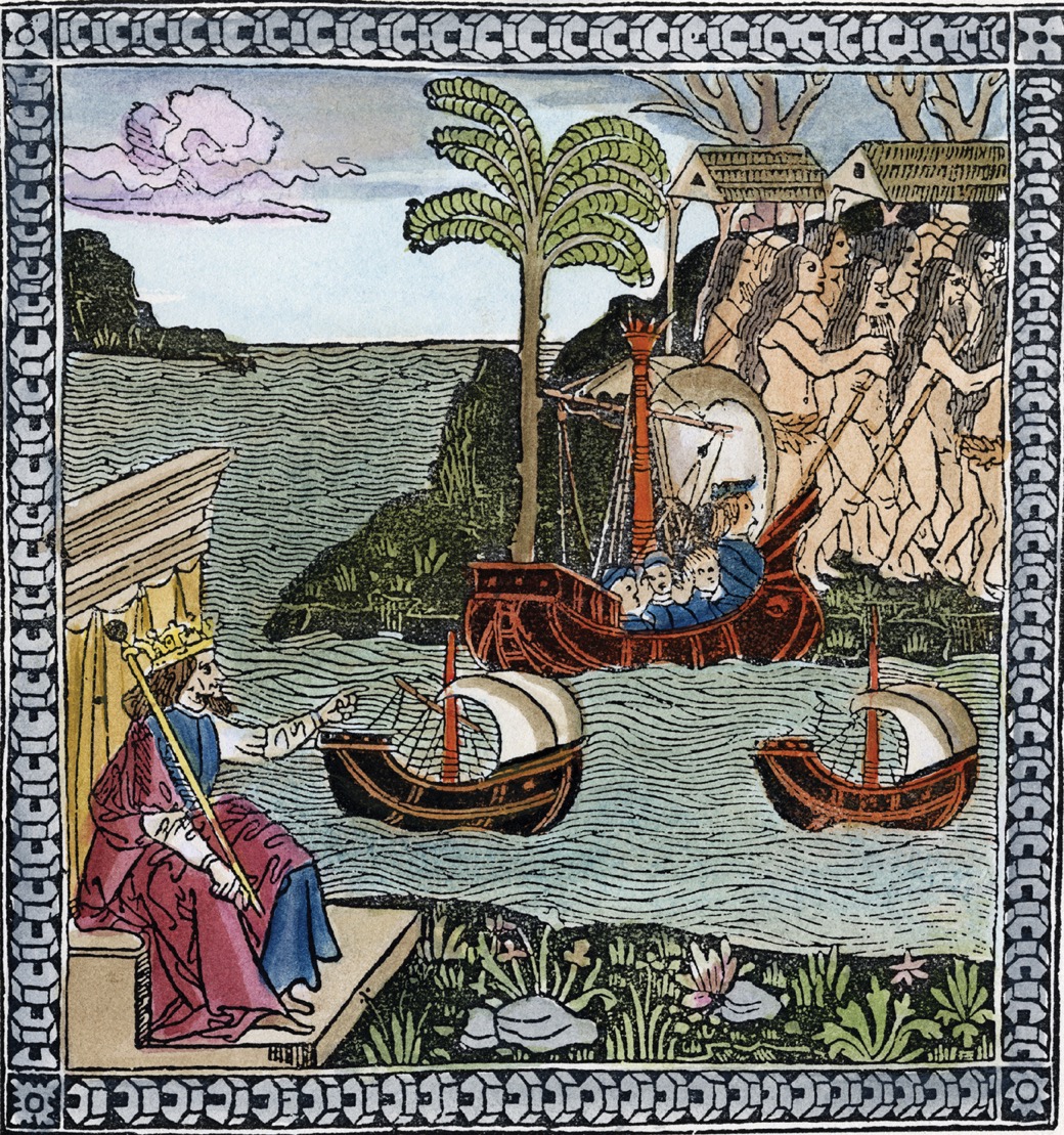 An illustration shows Columbus and his men arriving on an island, as the locals flee. King Ferdinand watches from afar.