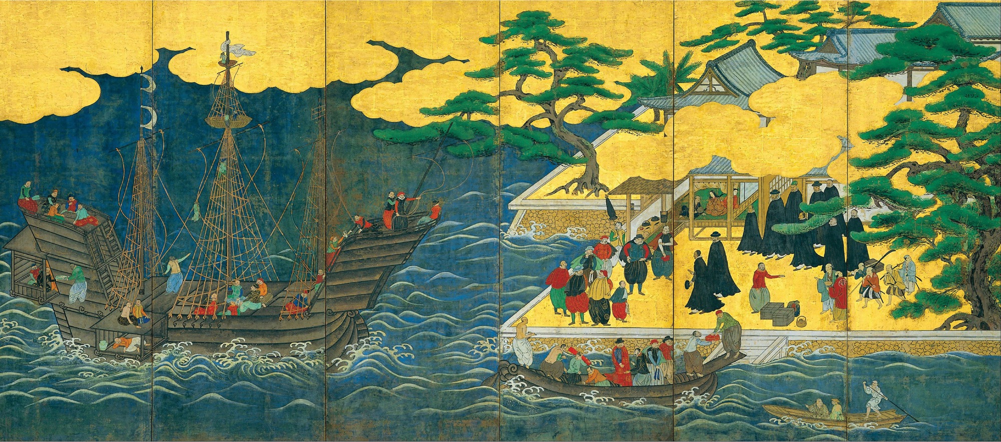 A six-fold Japanese screen shows an intricate painting of a merchant ship docking on the Japanese shore.
