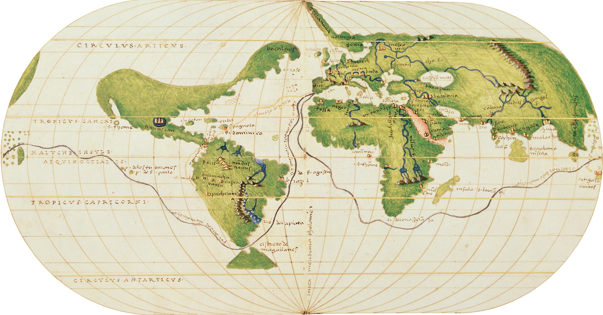 An illustration of a world map charted by Battista Agnese in 1540, traces Magellans route as he circumnavigated the globe.