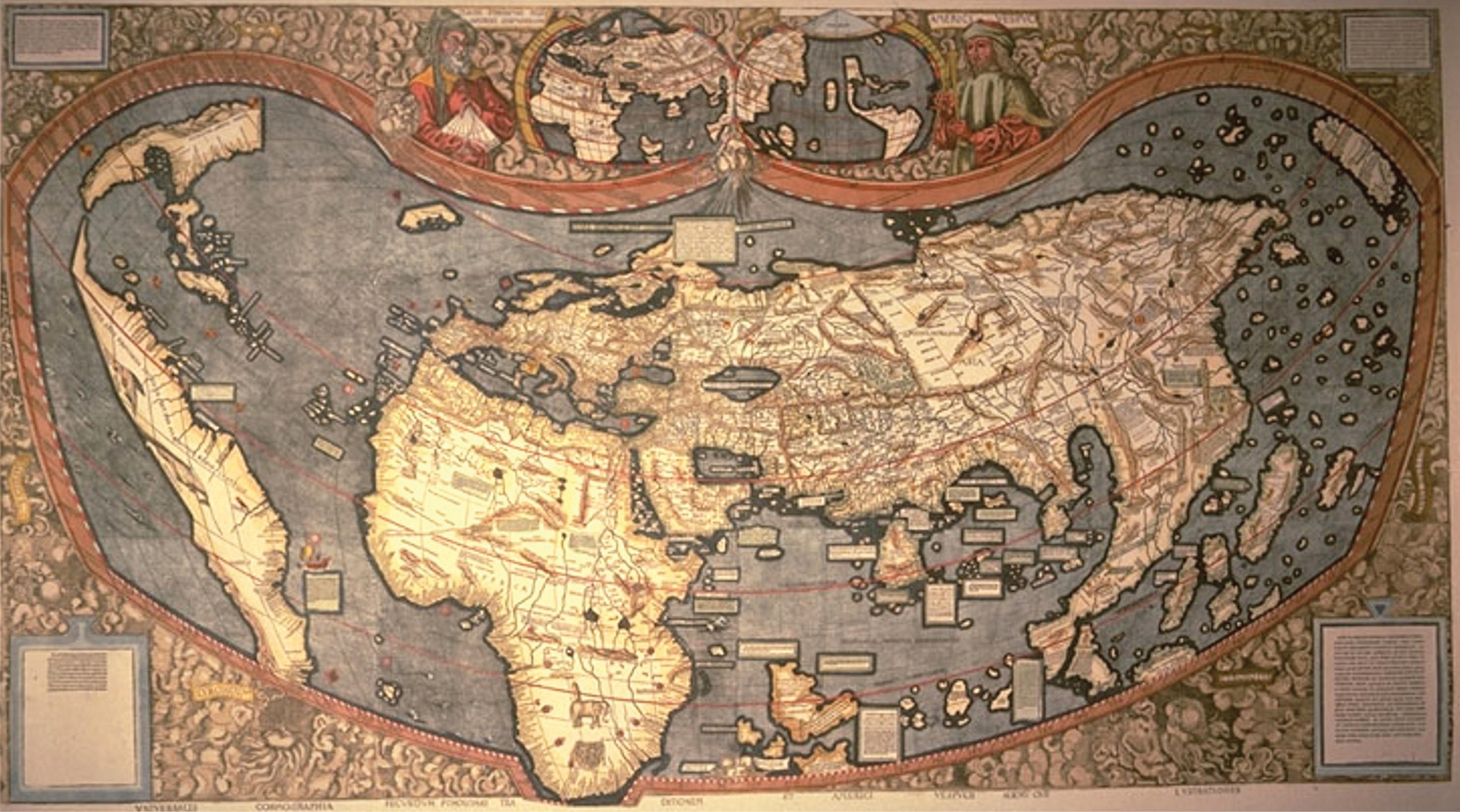 A photo shows a Waldseemüller World Map made of woodcuts.