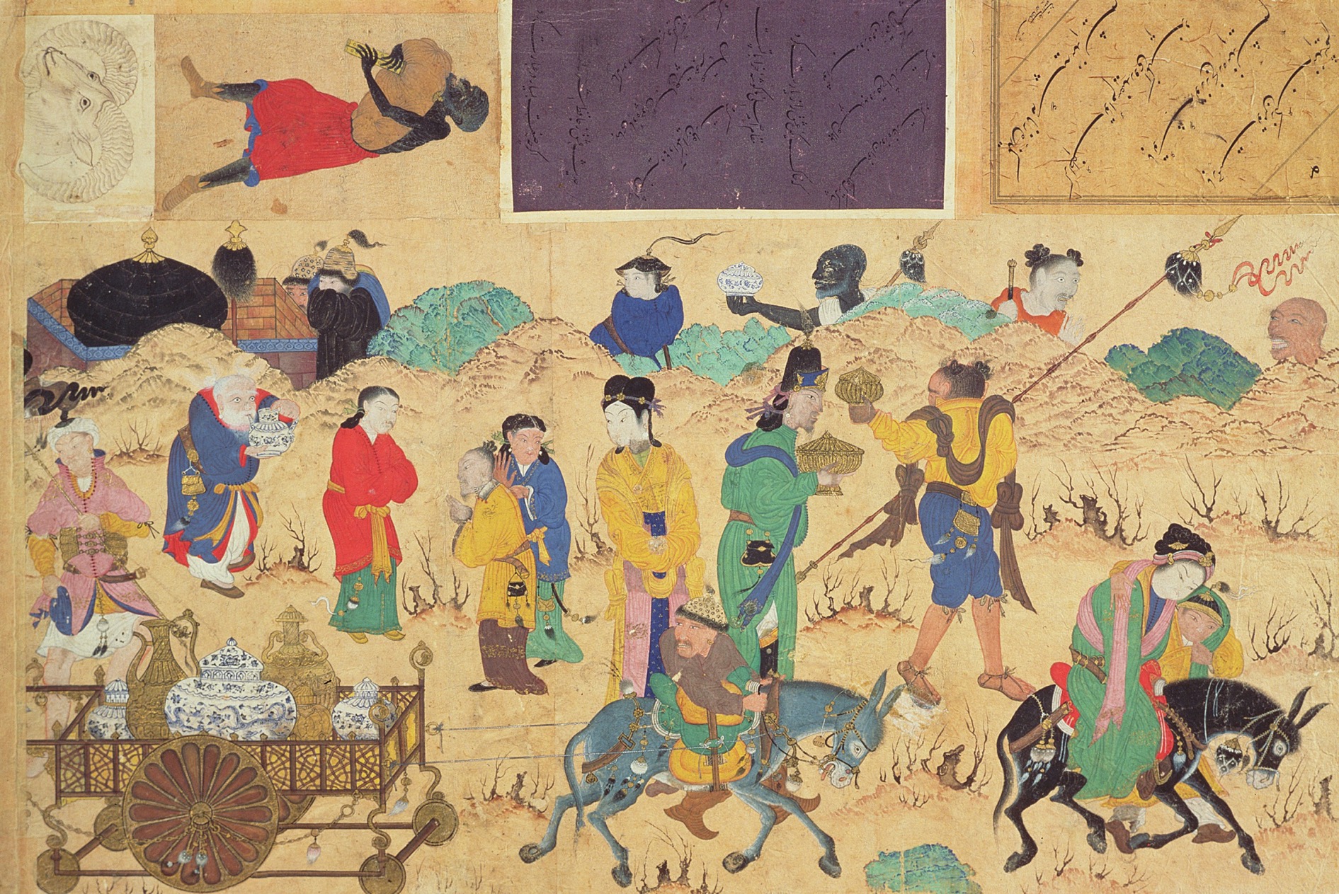 A painting shows a group of people in Chinese clothing involved in a ceramics trade on a rugged terrain.