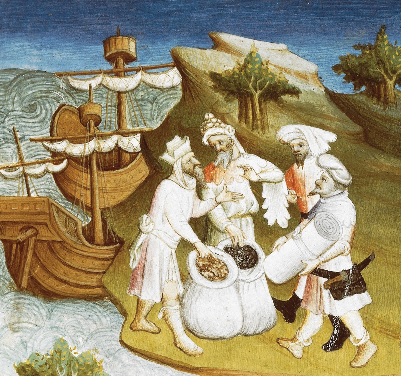 A painting shows four traders on the seashore, involved in a spice trade.