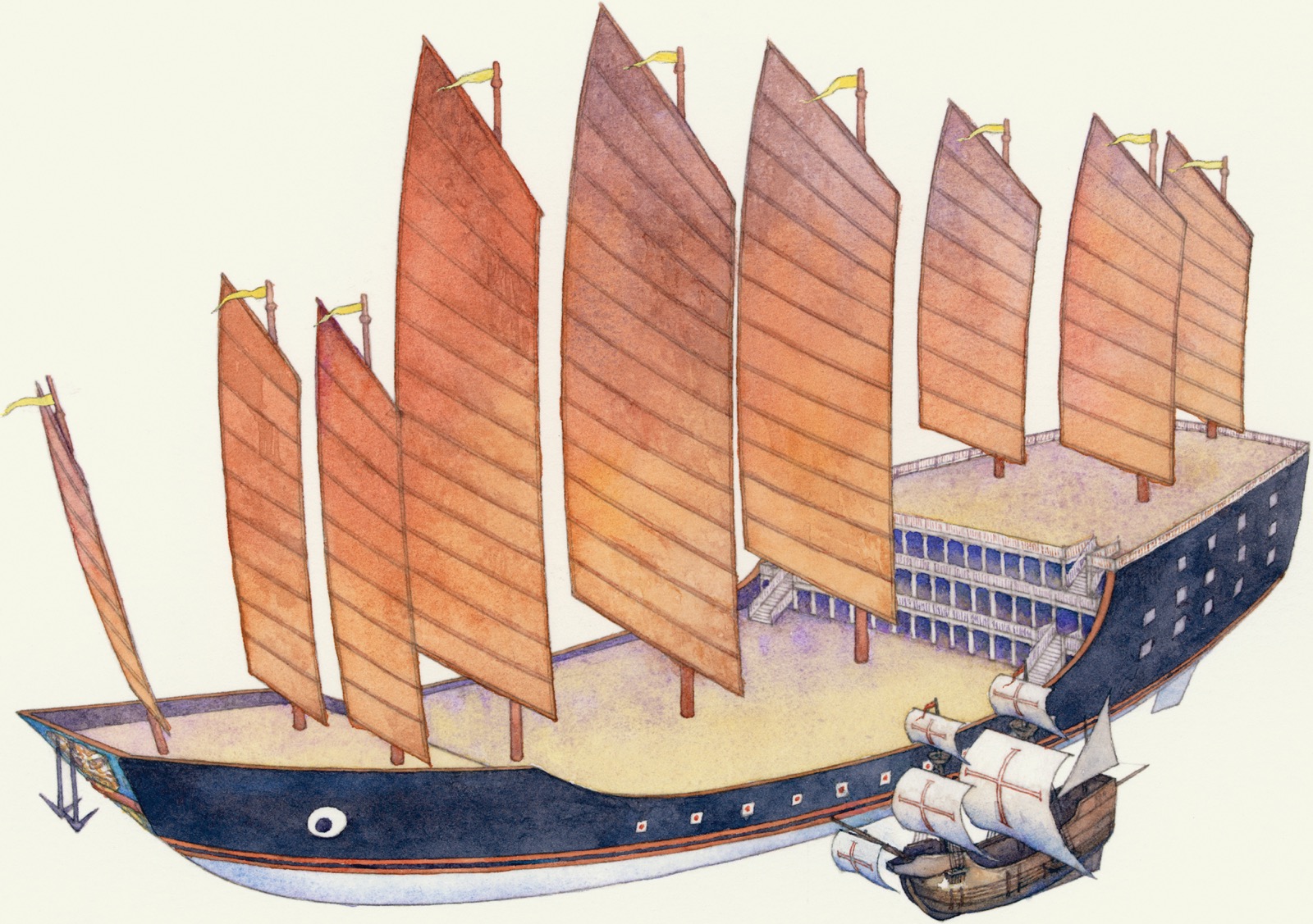 An illustration shows a Chinese treasure ship, enormous in size as compared to a flagship beside it.