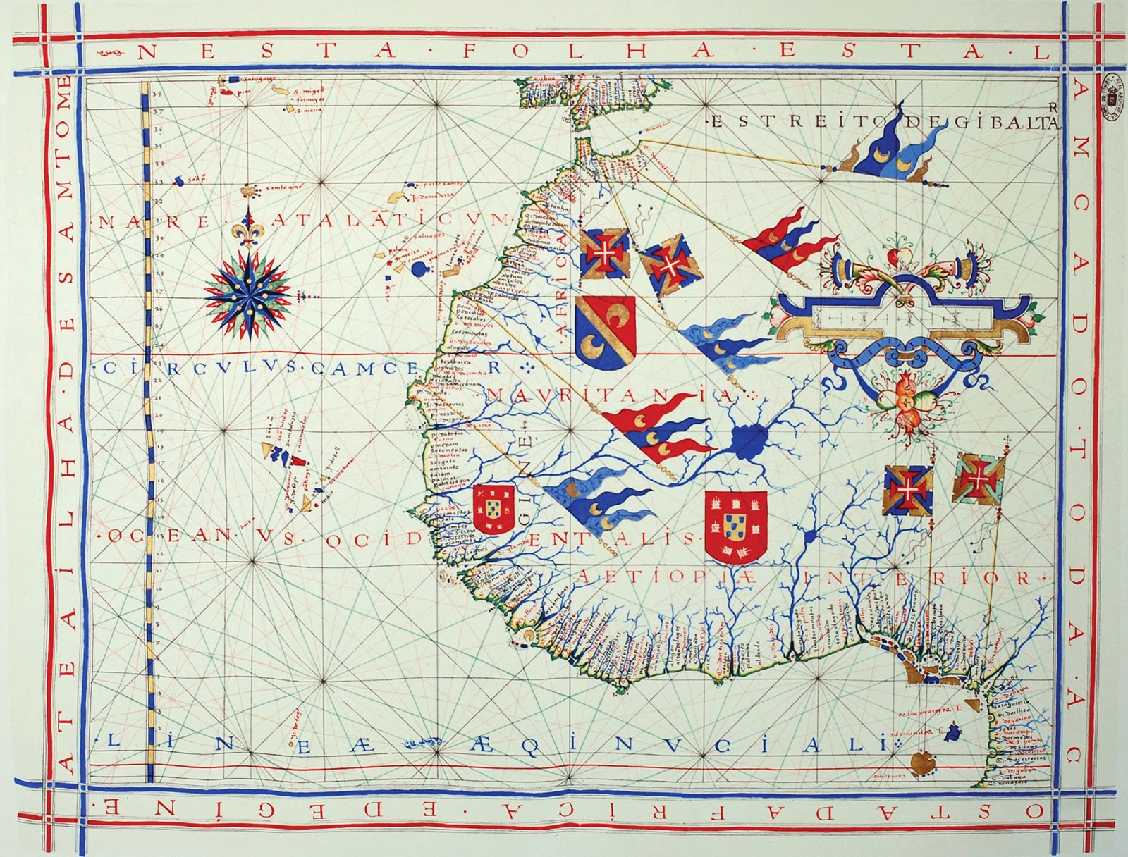 A fifteenth-century Portolan Chart of West Africa highlights ports and harbors along the continent’s coastline.