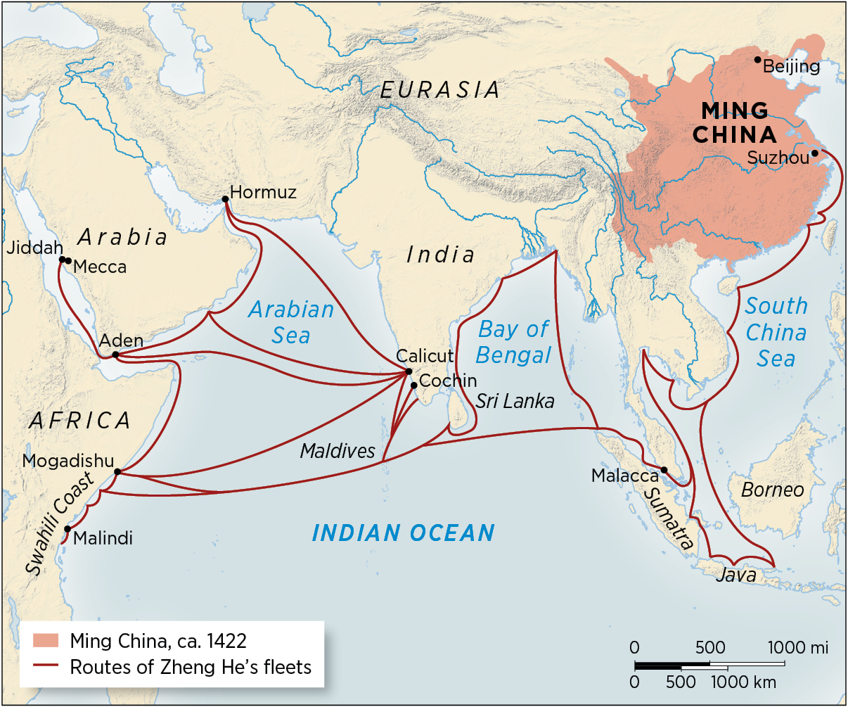 A map of eastern Africa and Eurasia highlights Ming China, circa 1422, and traces routes of Zheng He’s fleets.