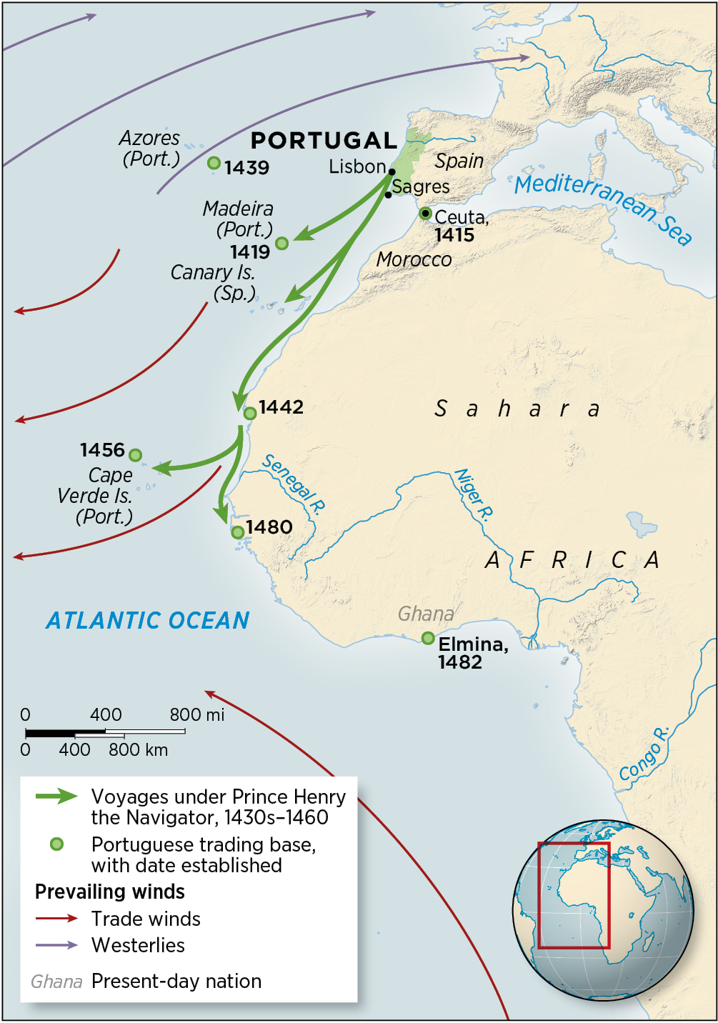 A map of Portugal, Spain, and West Africa, traces early explorations of the Atlantic between 1400 and 1480.