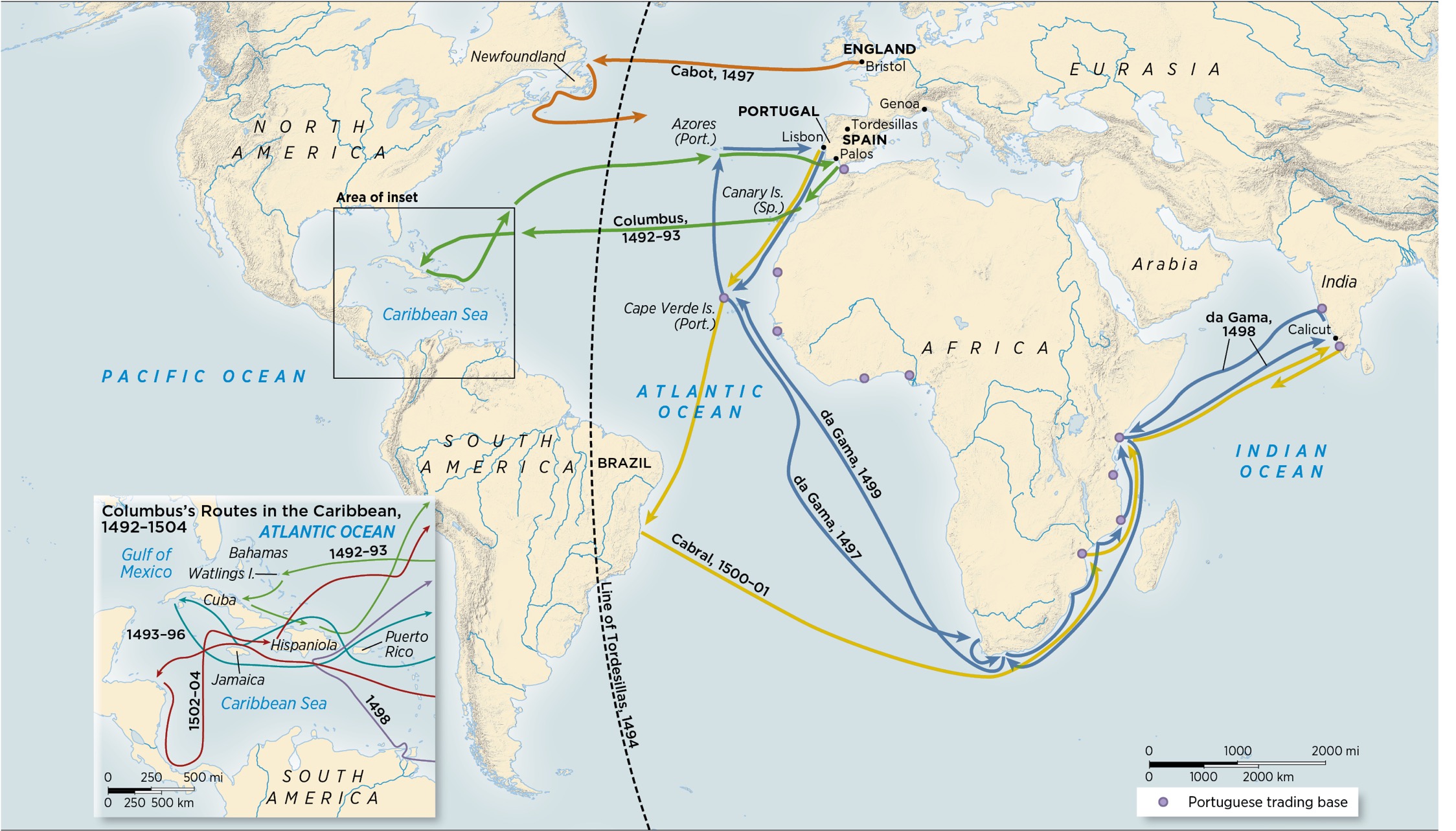 A world map traces Columbus, Cabot, Da Gama, and Cabrals routes in the Atlantic and Indian Oceans between 1492 and 1500.