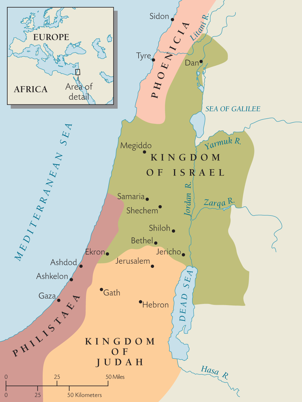 A map of the Eastern coast of the Mediterranean region illustrating the area occupied by the Hebrew Kingdoms.