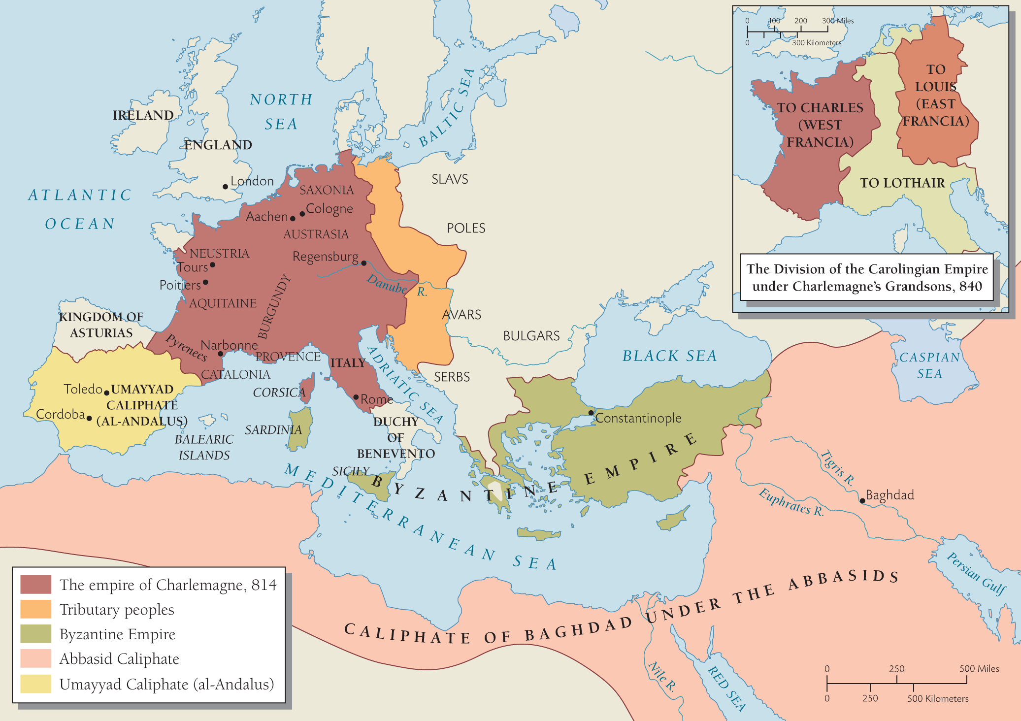 A map depicts the empire of Charlemagne in 814.