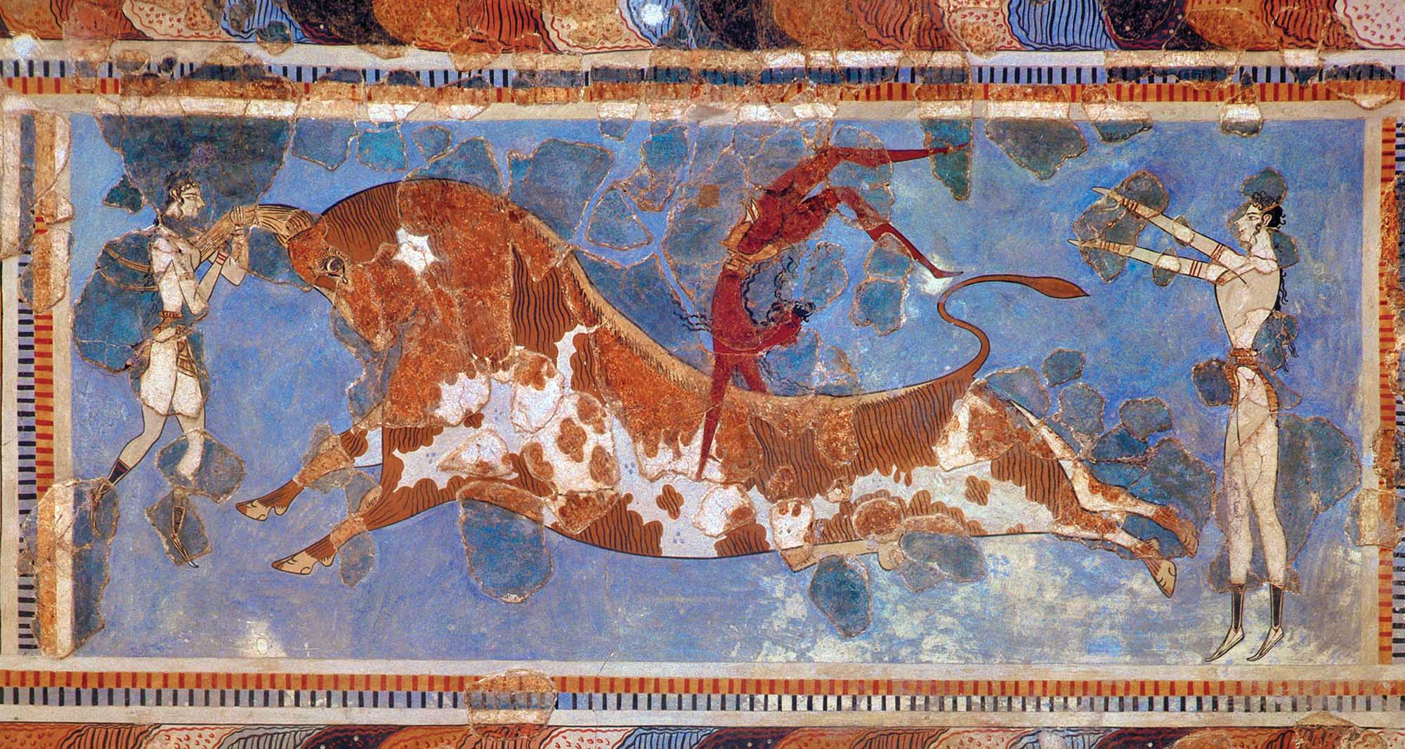 A mosaic of a bull and three men.