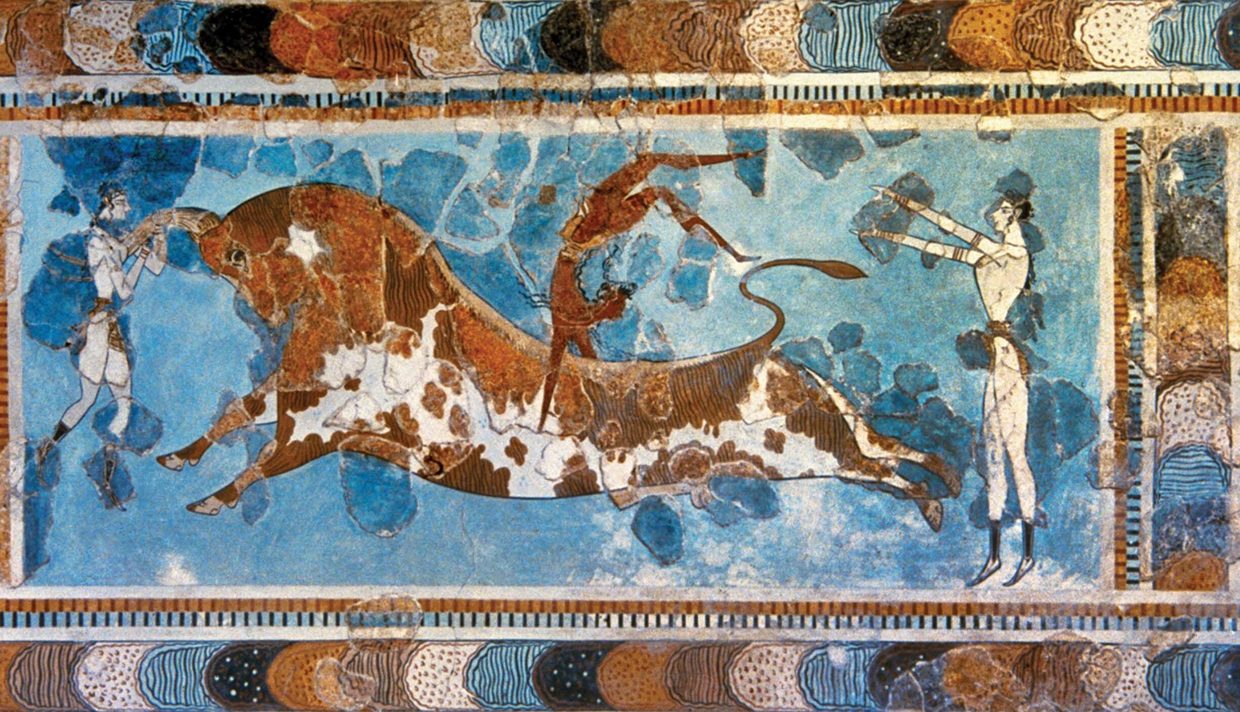 A mosaic of a bull and three men.