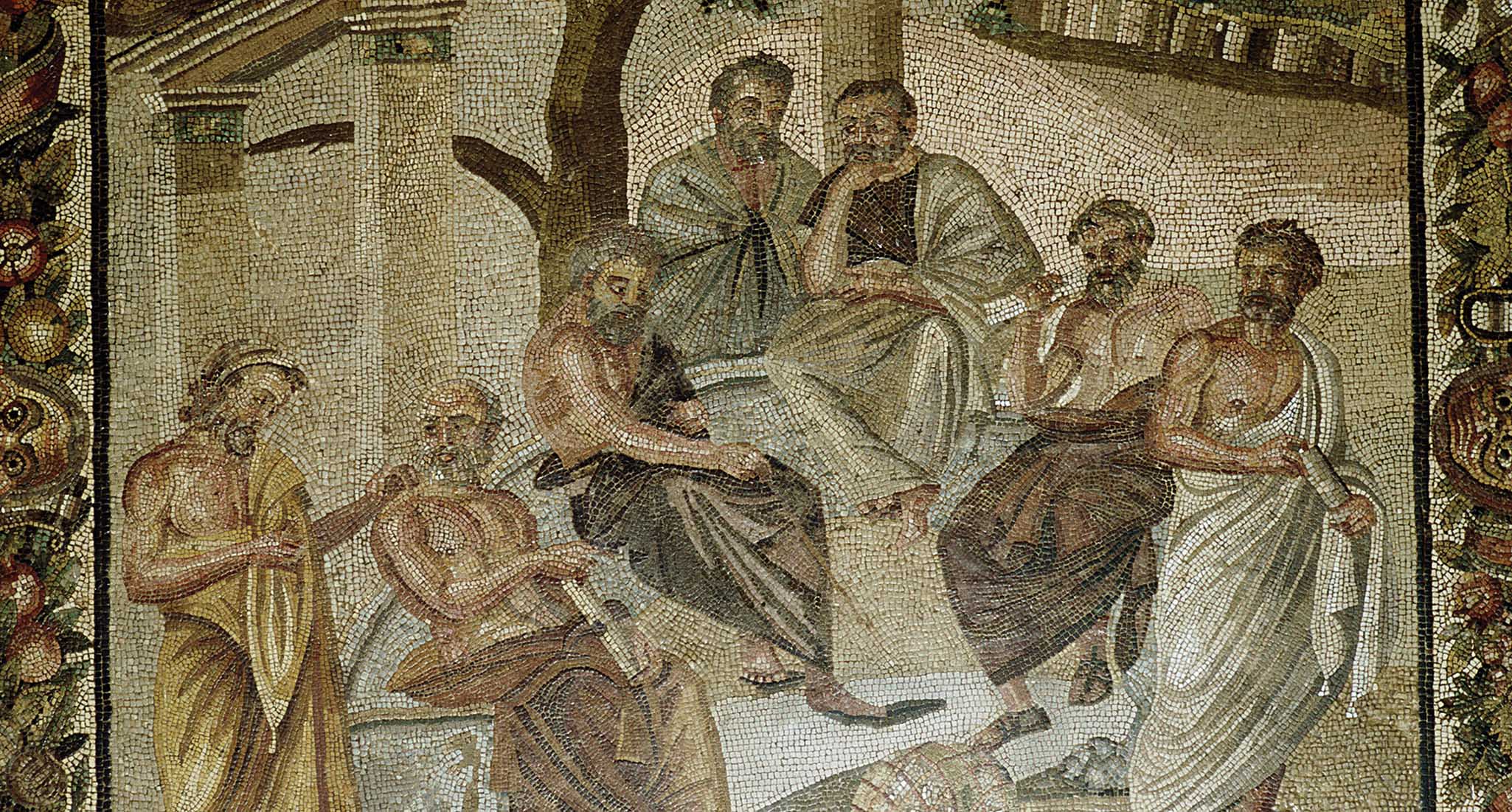 A mosaic shows Plato’s Academy.