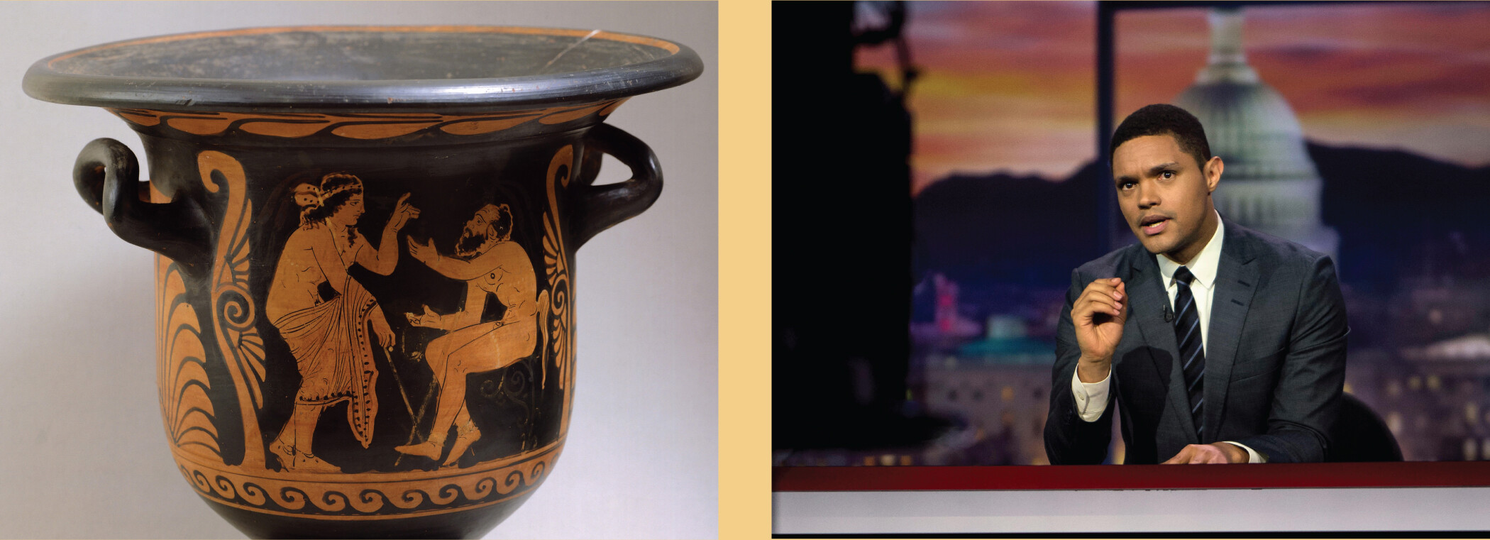 A red-figure pottery with a scene of Dionysus talking with a seated satyr.; A screenshot from the television show called “The Daily Show with Trevor Noah.