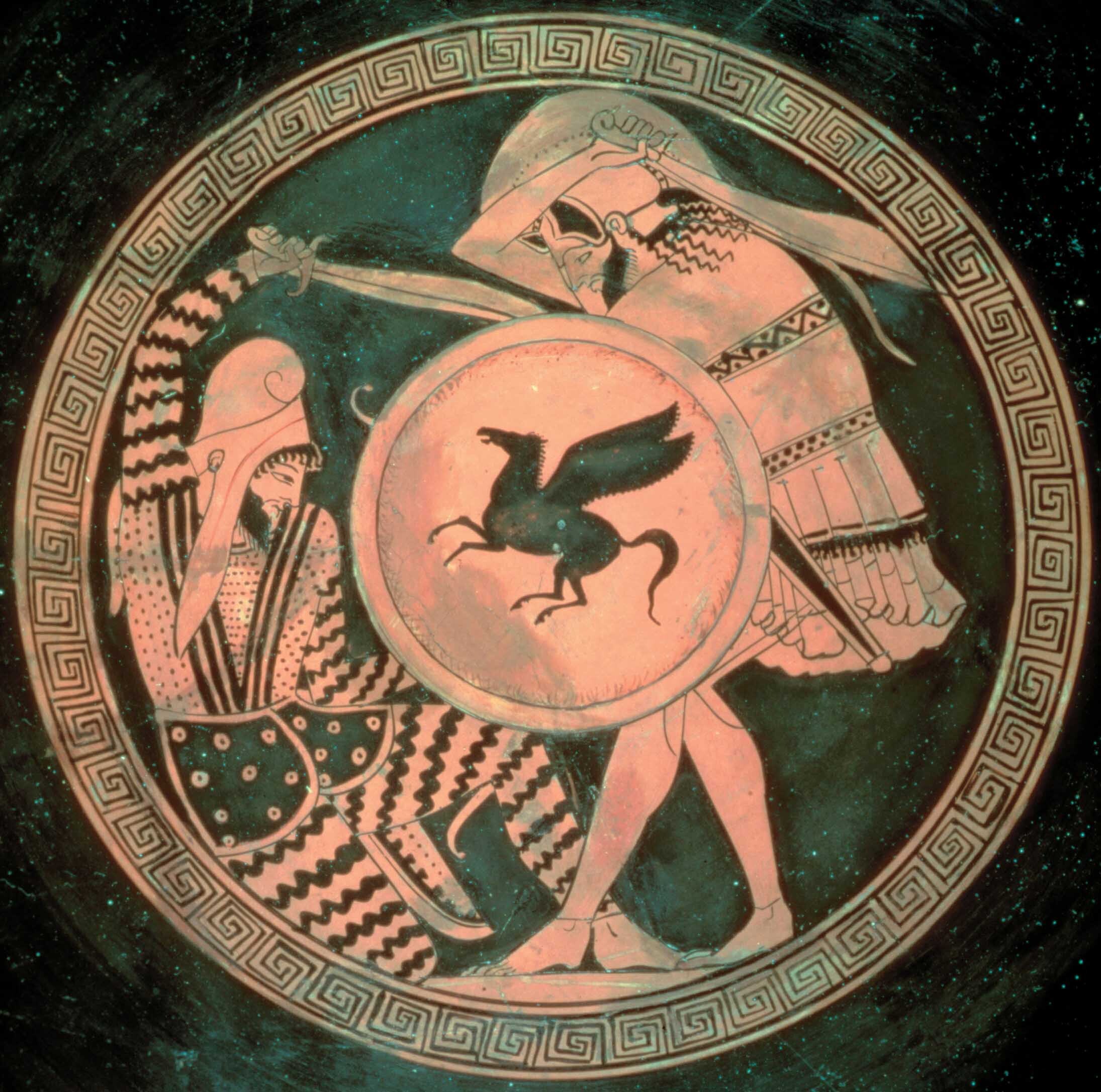 A bowl with two soldiers shown, each with their swords raised above their heads.