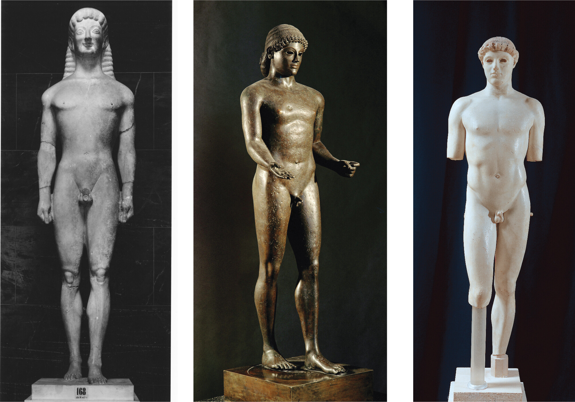 A sculpture of Apollo of Tenea is carved from marble and stands stiffly with both hands at his sides in loose fists and a smiling stare with carved eyeballs.; A sculpture of Apollo of Piombino is a bronze statuette standing with arms bent, one palm face up and the other hand closed as if it once held a staff.; A sculpture of Critian Boy is a marble statue of a young man, standing in a relaxed posture with his weight resting on one leg.