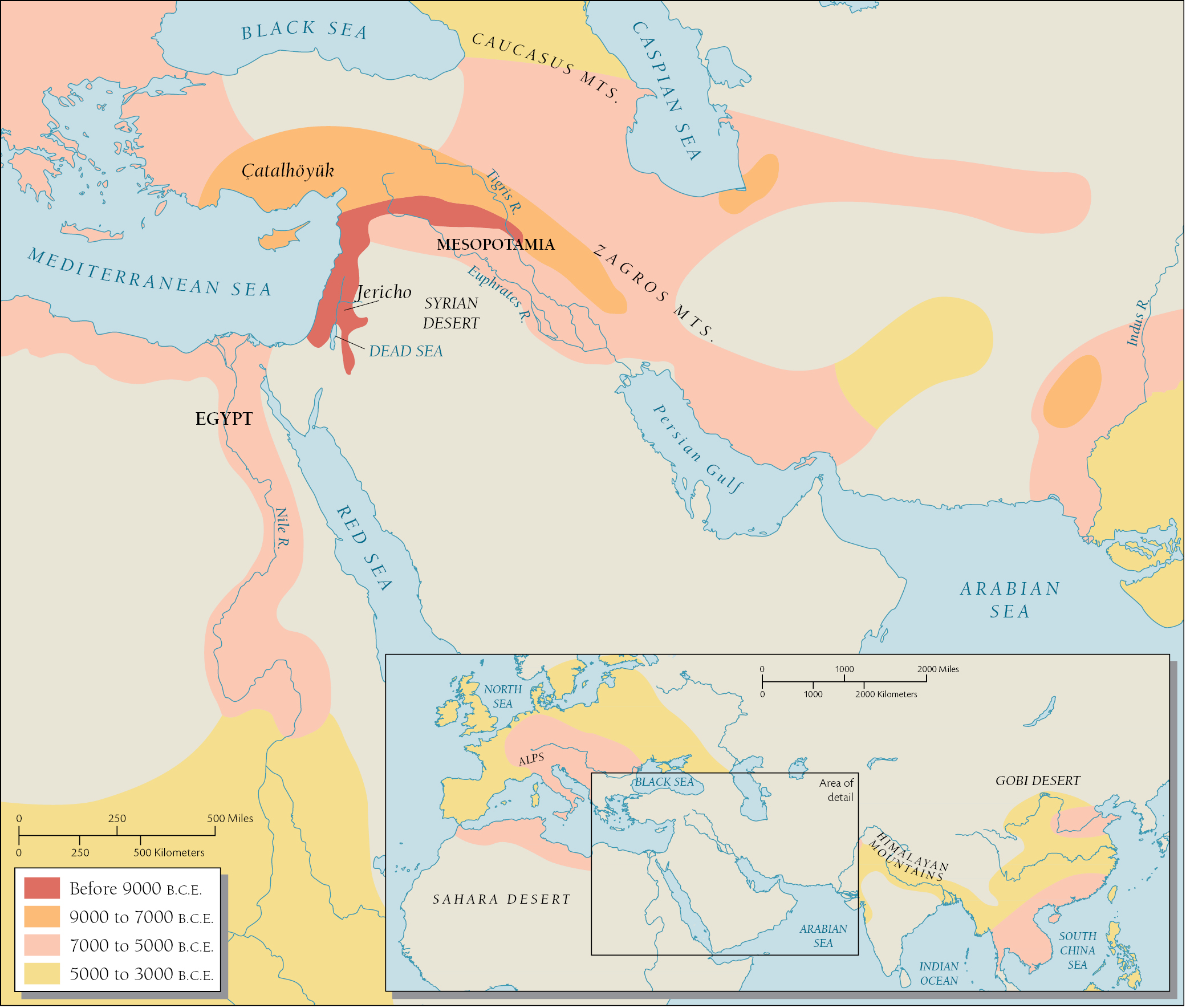 A map of Northern Africa, Europe, and Asia depicting the regions and times of agricultural development.