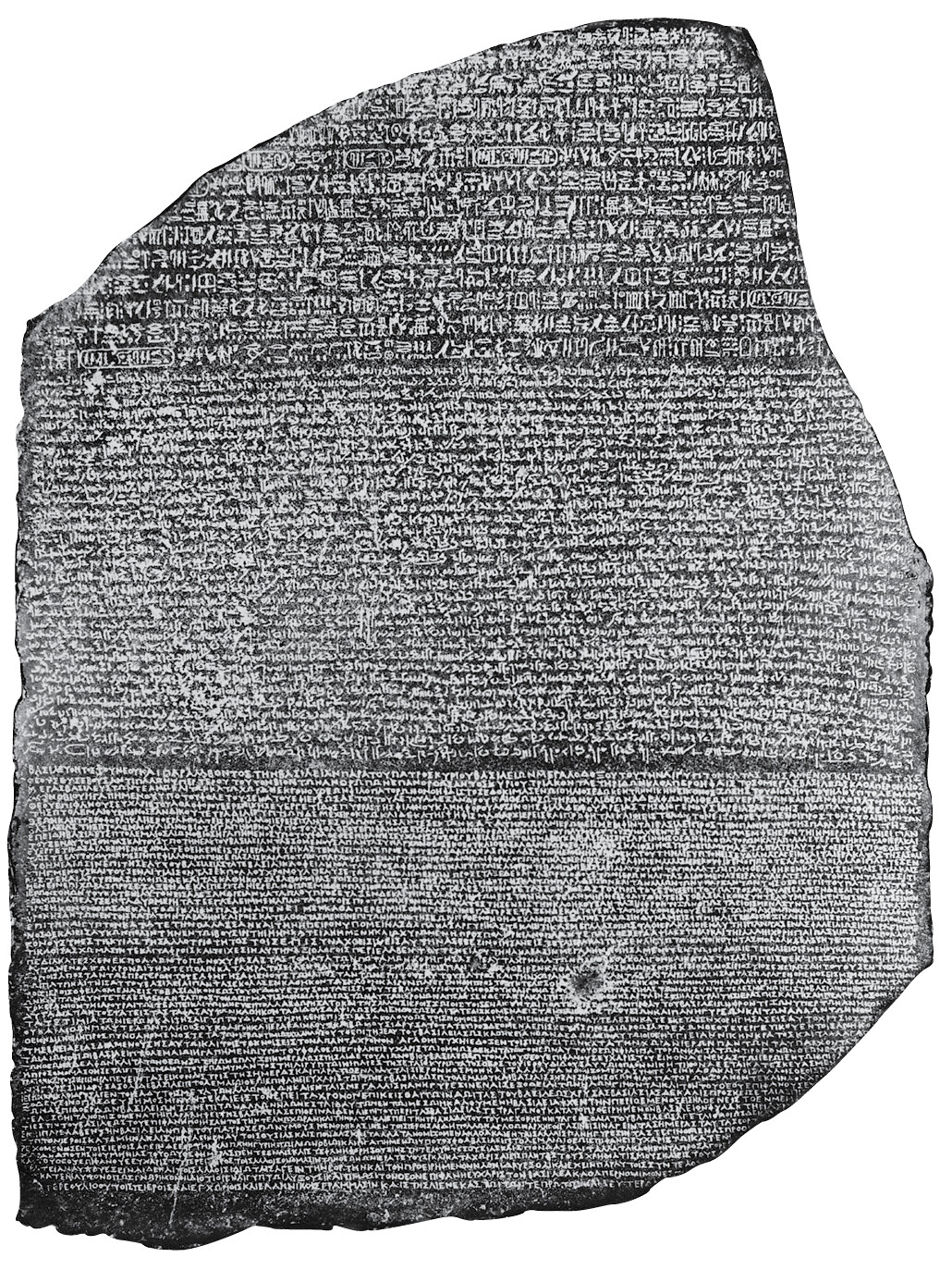The Rosetta stone, a large piece of dark stone having white inscriptions in three alphabets, such as Egyptian hieroglyphs, Egyptian demotic, and classical Greek.
