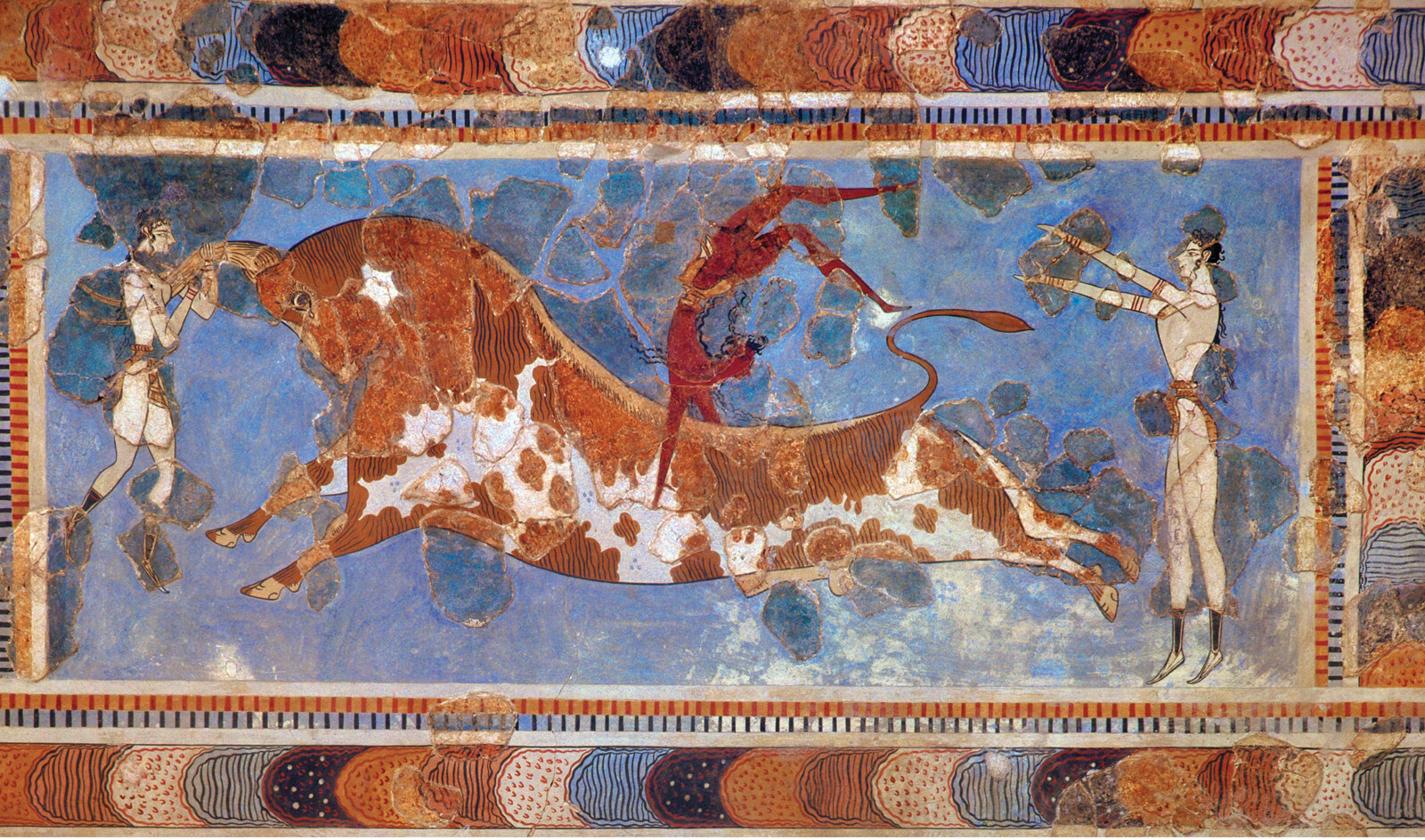 A mosaic of a bull and three men.