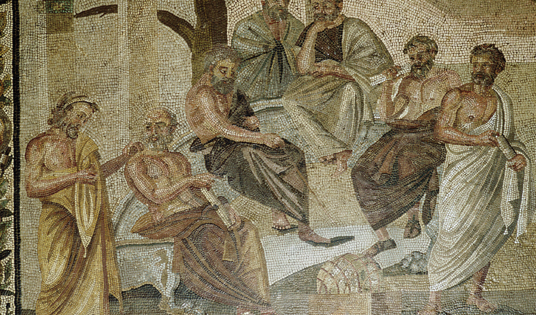 A mosaic shows Plato’s Academy.