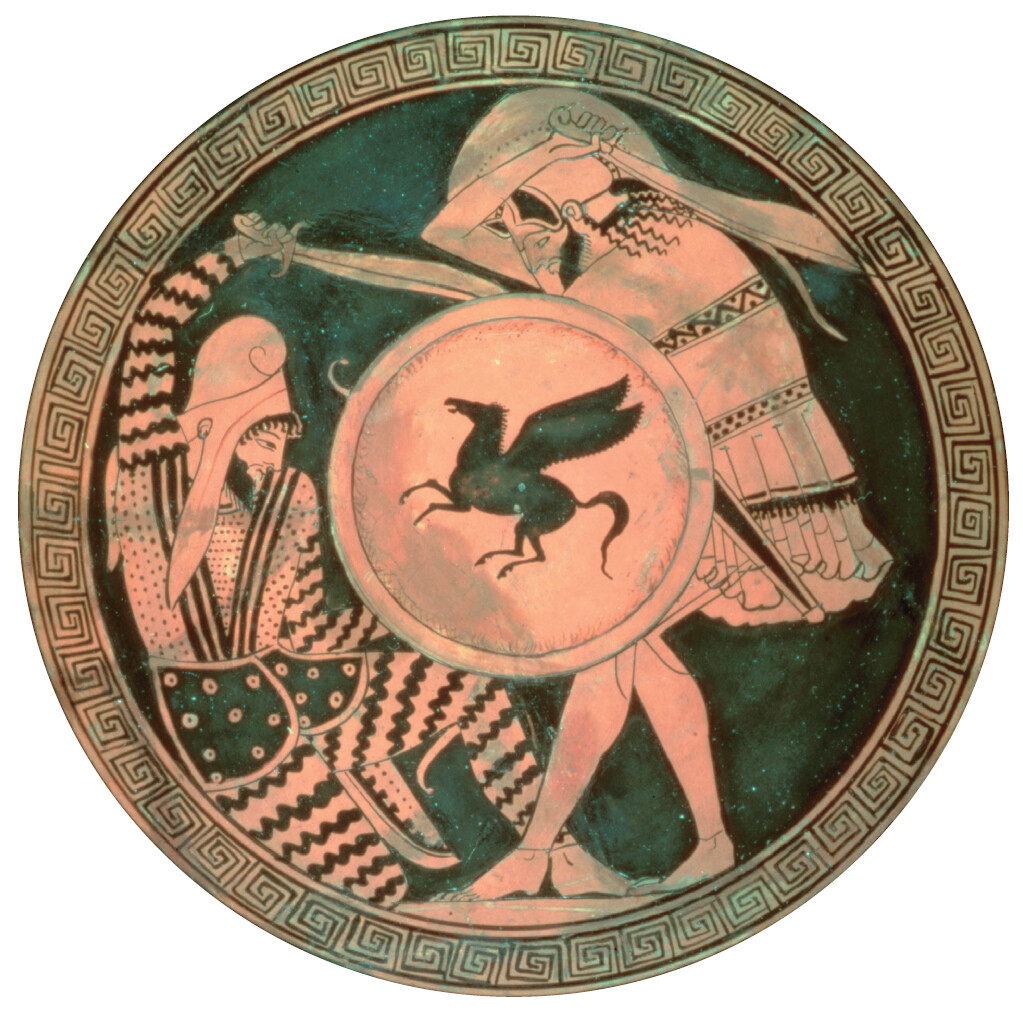 A bowl with two soldiers shown, each with their swords raised above their heads.
