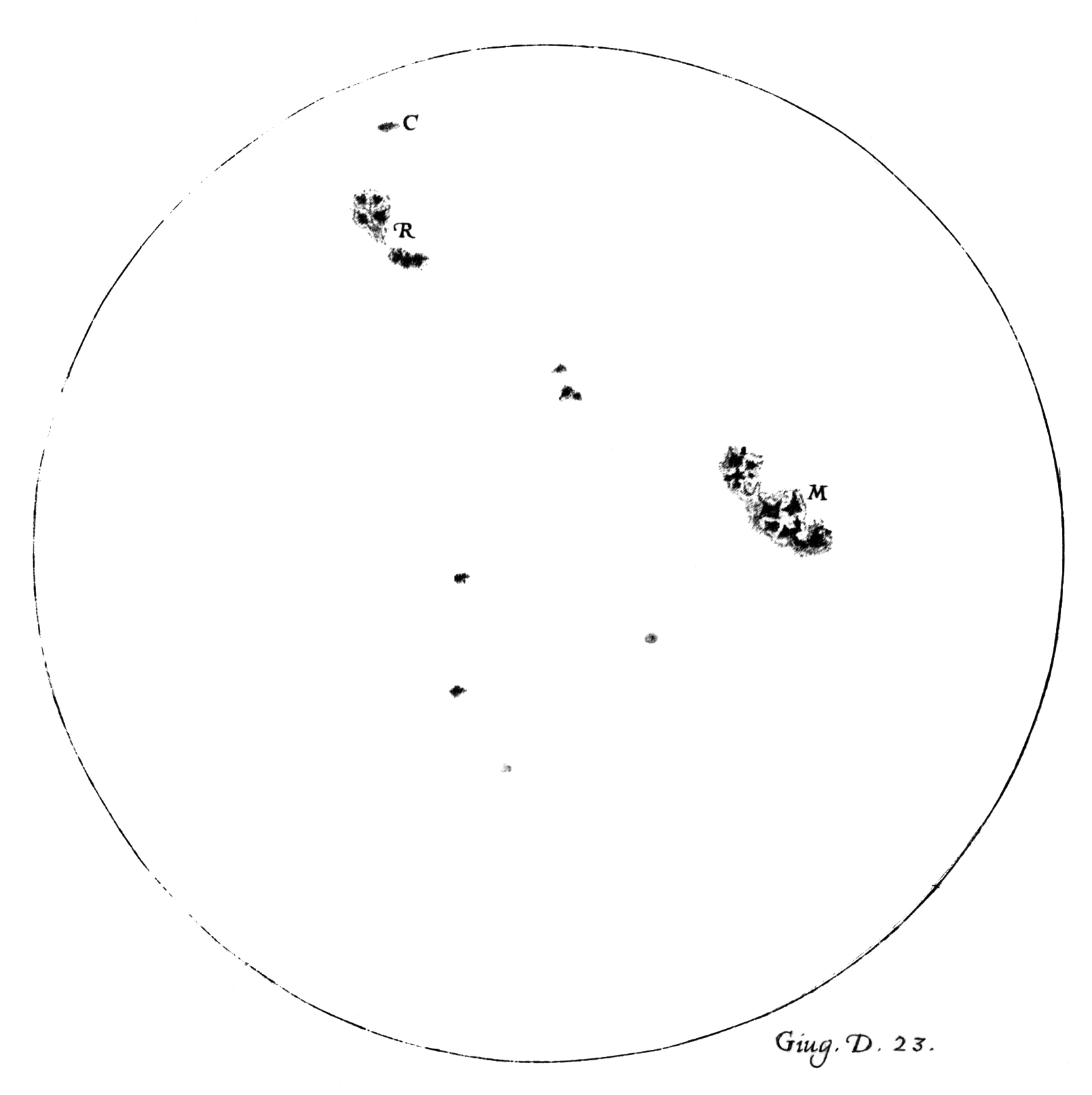 A diagram of Galileo’s sketch of sunspots shows the sun as a large circle with several clumps of varying size dots.