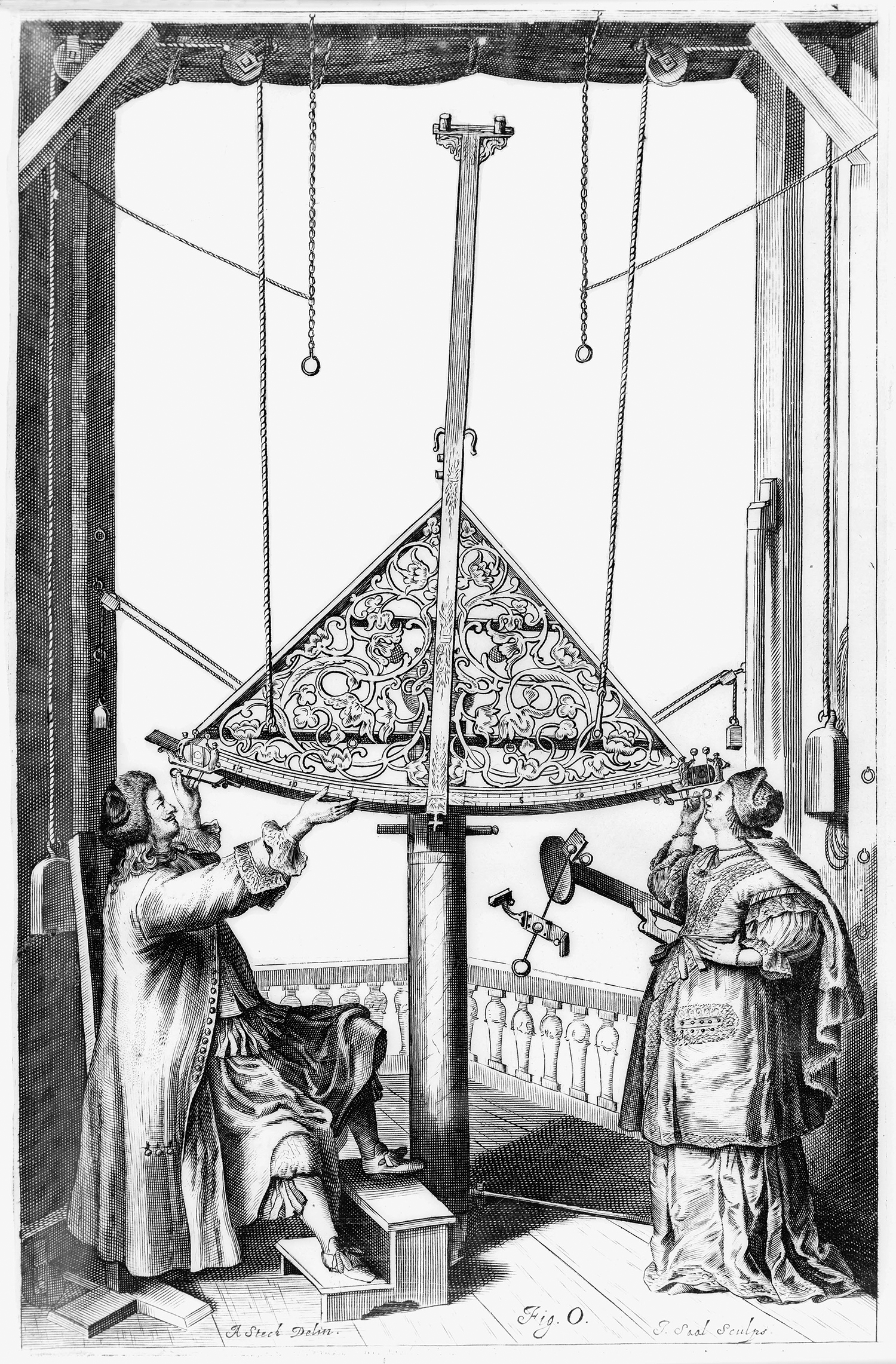 A drawing of a woman and her husband standing near an instrument to measure angles to observe the timing of Venus’s passage.