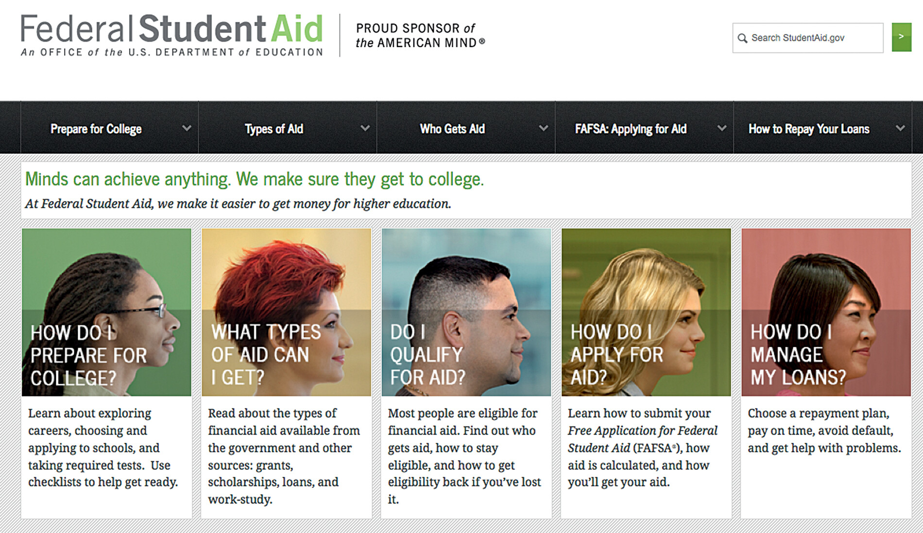 A screen capture displays the Federal Student Aid homepage.