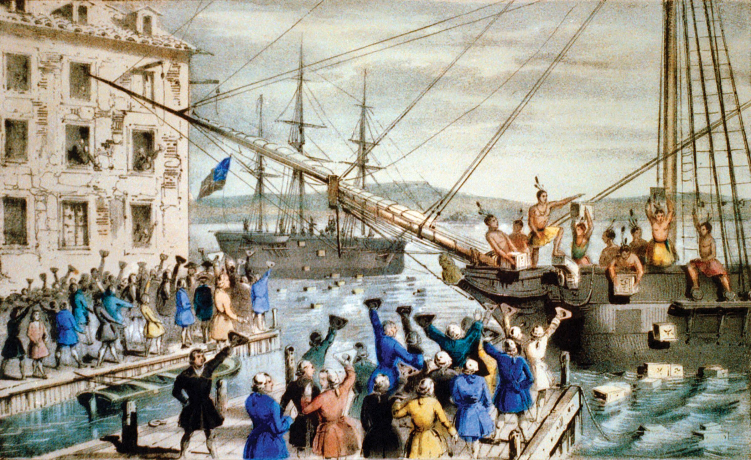 A painting shows people cheering as men dressed as Native Americans dump boxes into the water from anchored ships.