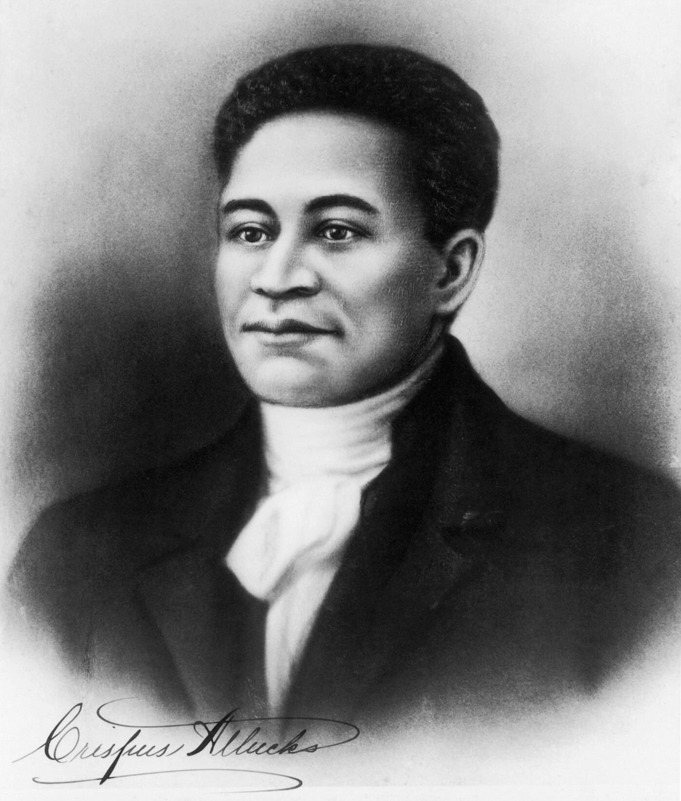 A black and white drawing of Crispus Attucks.