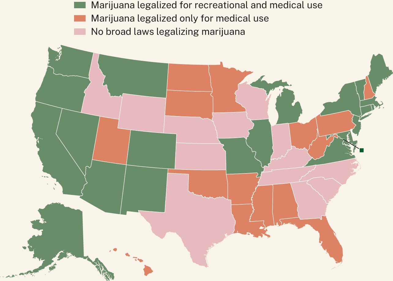 Figure 3.3 is a map summarizing the different states’ legal positions on marijuana.
