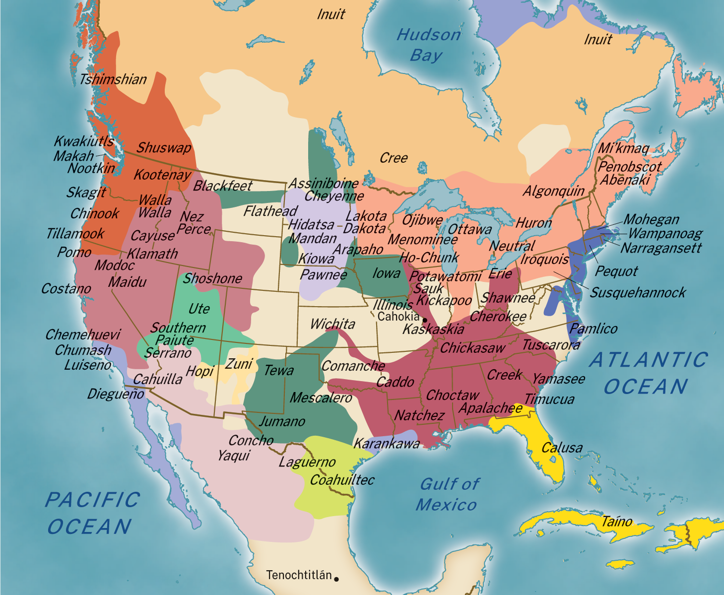A map titled Native Americans in North America, circa 1500.