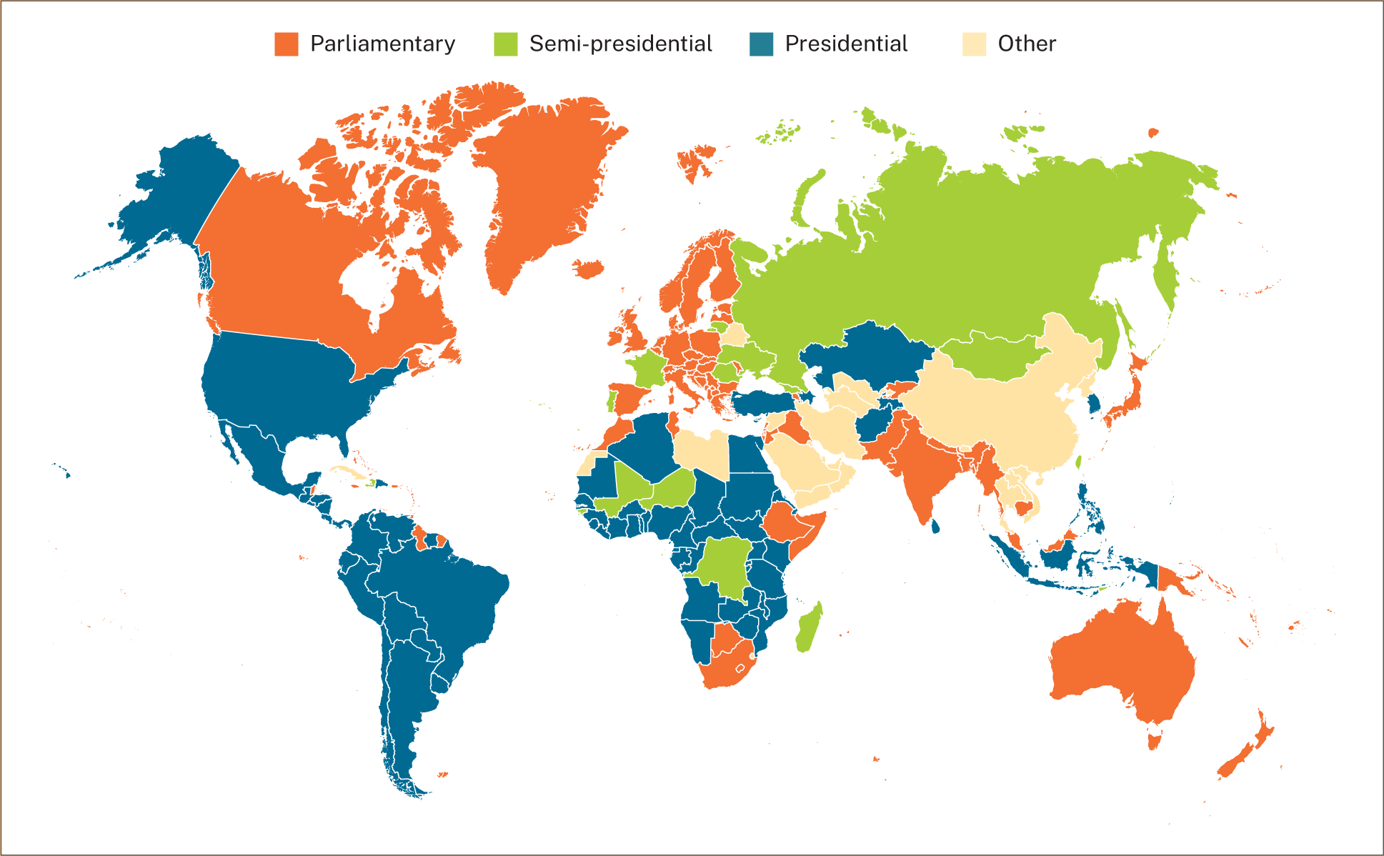 A color-coded world map shows government types of various countries.