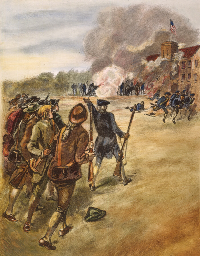 A painting shows a scene where Daniel Shays leads his makeshift army against a federal arsenal in Springfield, Massachusetts.