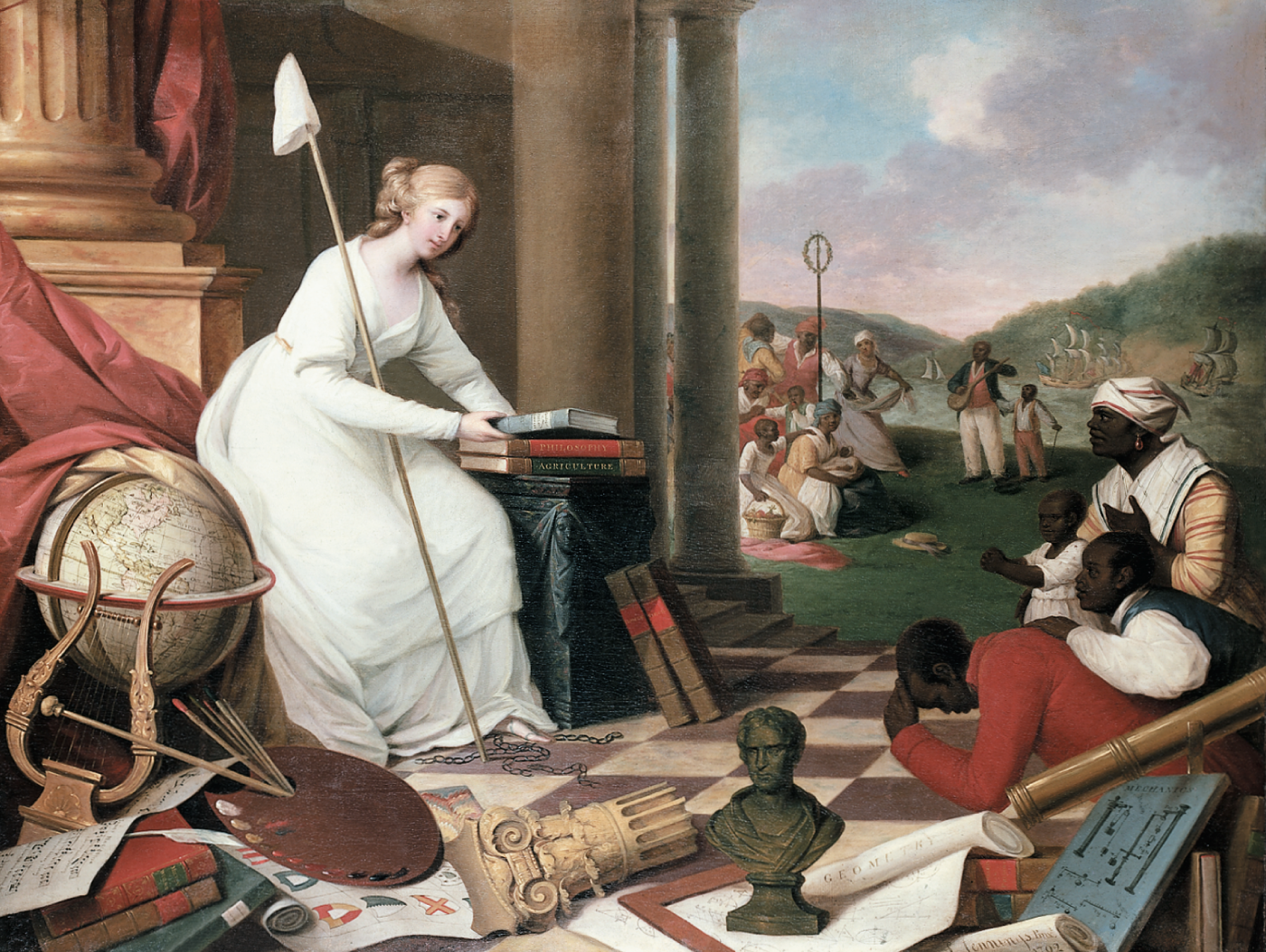 A painting shows a group of slaves looking upon Lady Liberty, who is sitting amidst symbols of antiquity.