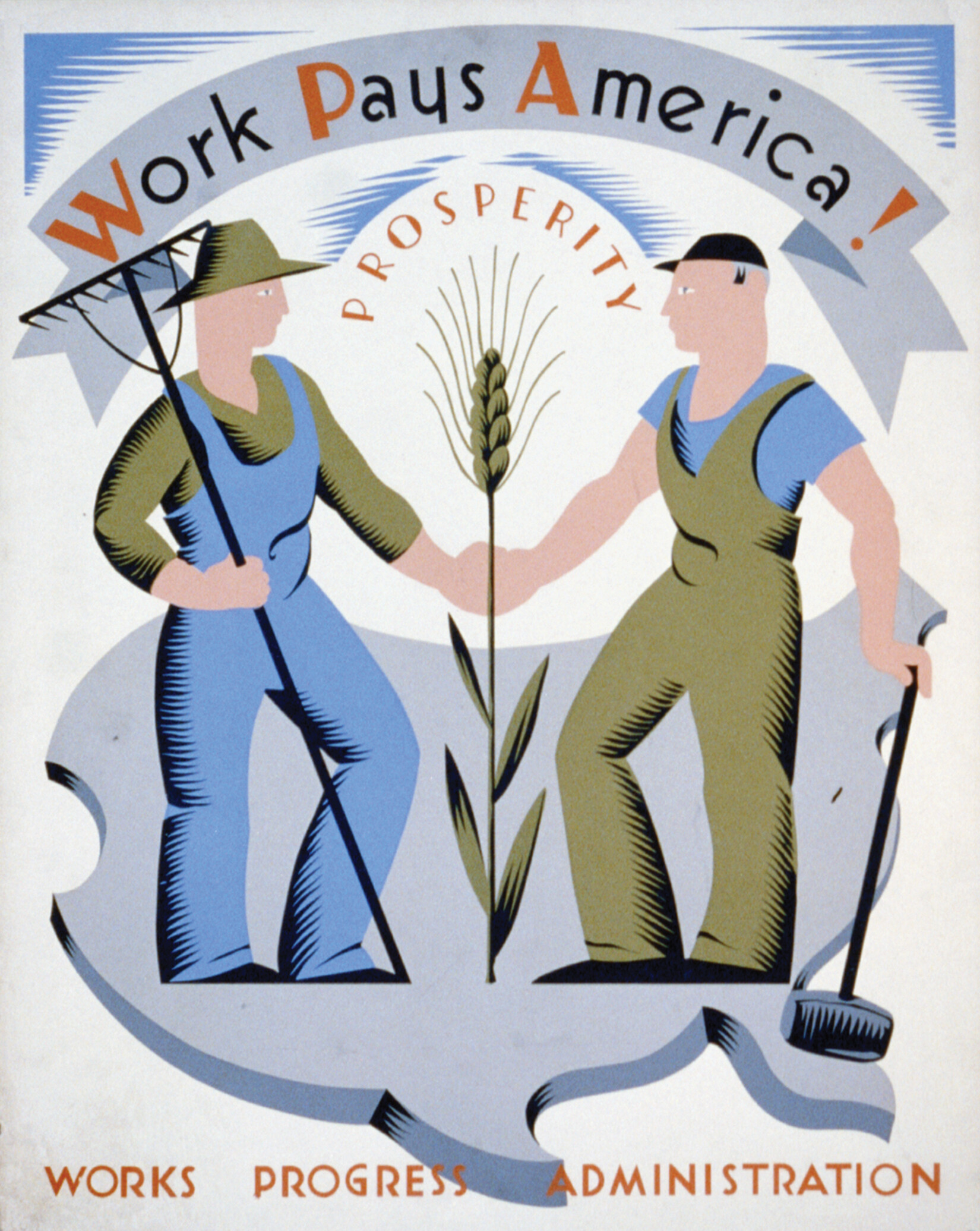 An illustrated poster reads, “Work pays America!” at the top and “Works Progress Administration” at the bottom.