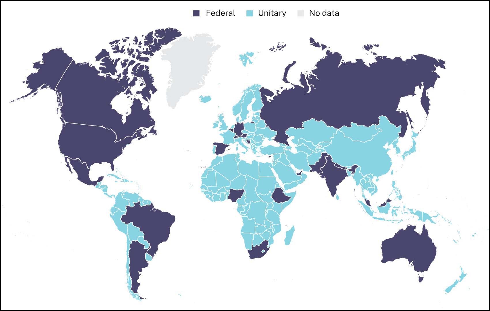 A color-coded world map for the countries with federal and unitary systems of government.