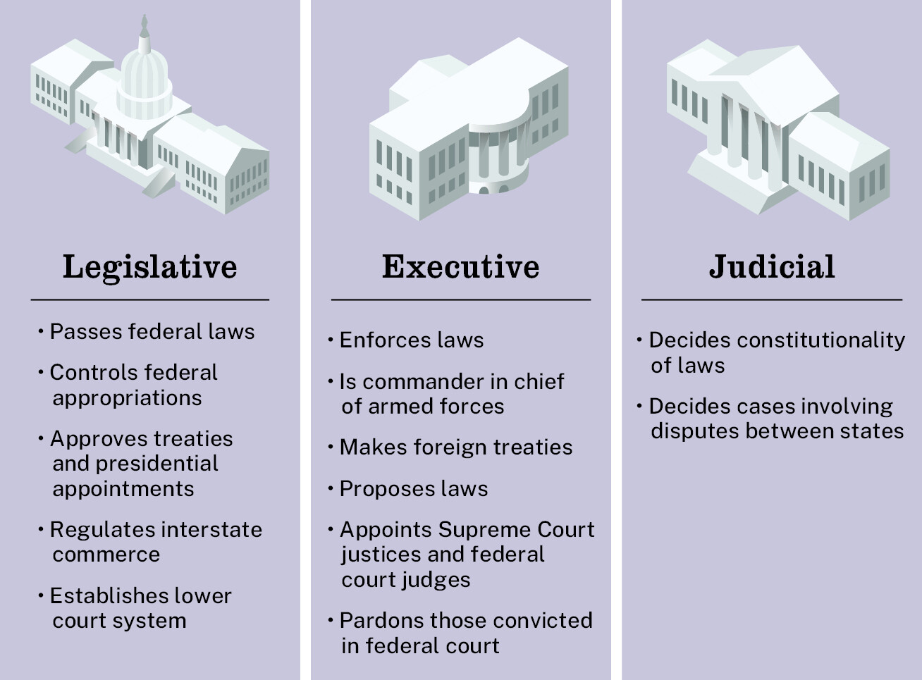 A figure in table format lays out the Separation of Powers.