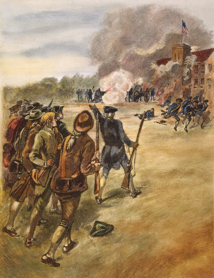 A painting shows a scene where Daniel Shays leads his makeshift army against a federal arsenal in Springfield, Massachusetts.