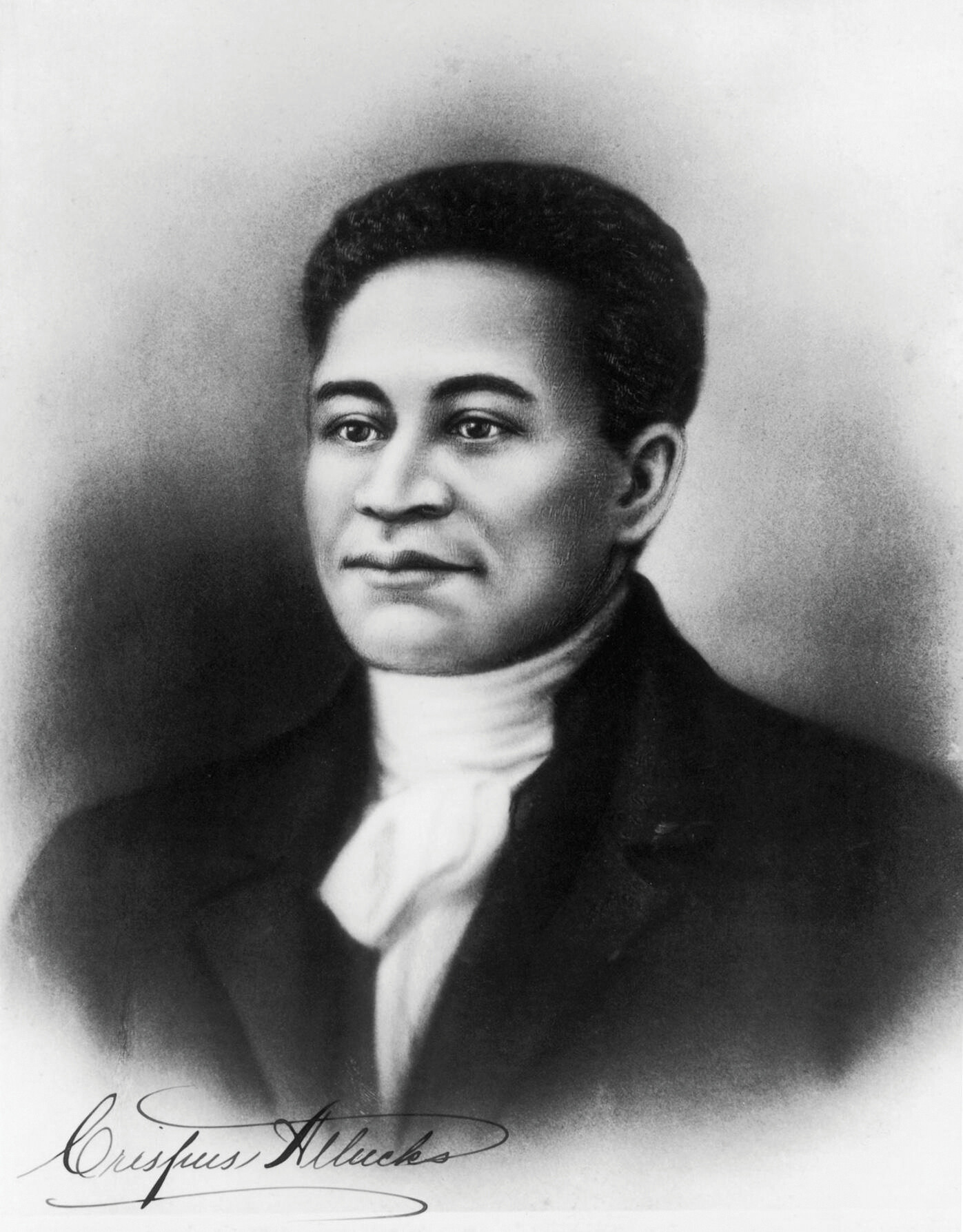 A black and white drawing of Crispus Attucks.