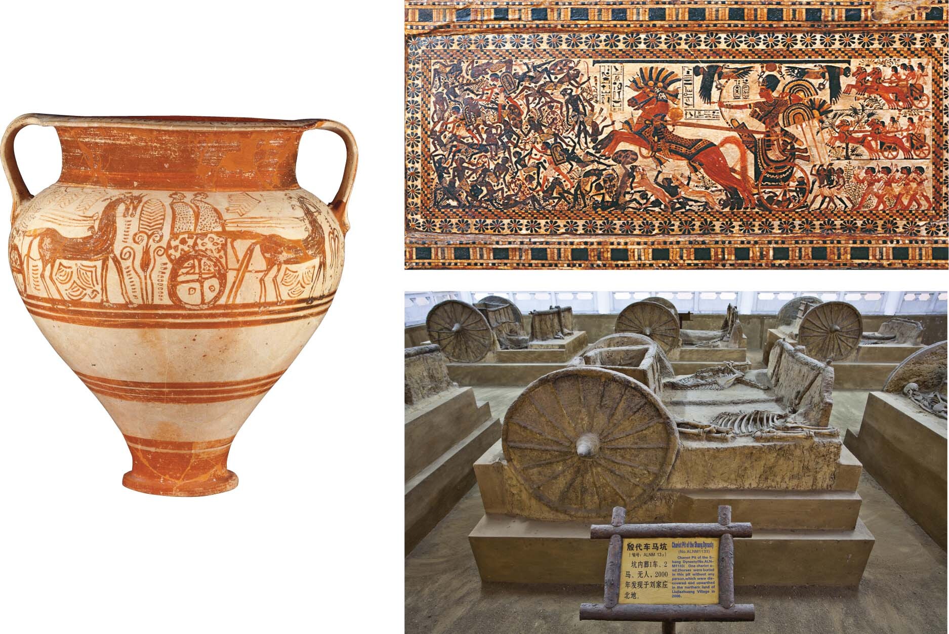 A large vase typical of Mycenaean art has banding and a horse-drawn chariot painted on it.; Chariots made of clay at a Chinese museum.; A wooden chest with a painting of a pharaoh on a chariot fighting several people.