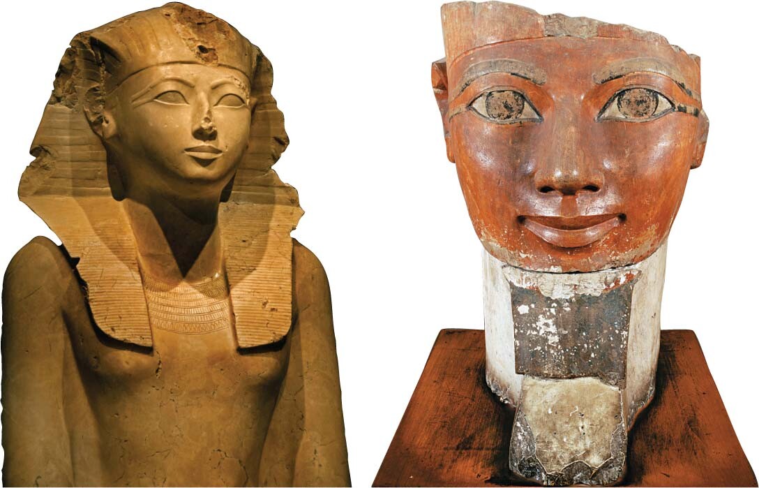 A bust of Queen Hatshepsut wearing a masculine headdress and kilt.; A bust of Queen Hatshepsut as masculine portrayal.