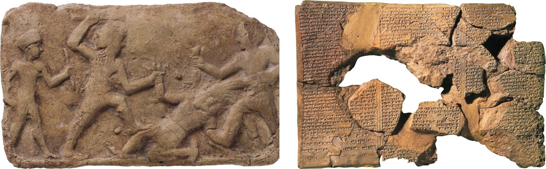 A terra-cotta plaque of Gilgamesh and his sidekick, Enkidu.; Fragmentary tablets of baked clay covered in writing which tells part of the Epic of Gilgamesh.