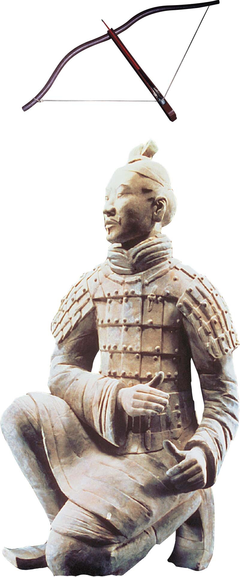 A reproduction of the wooden bow used by an archer.; A statue of a bronze archer dressed in military armor with a large breastplate.