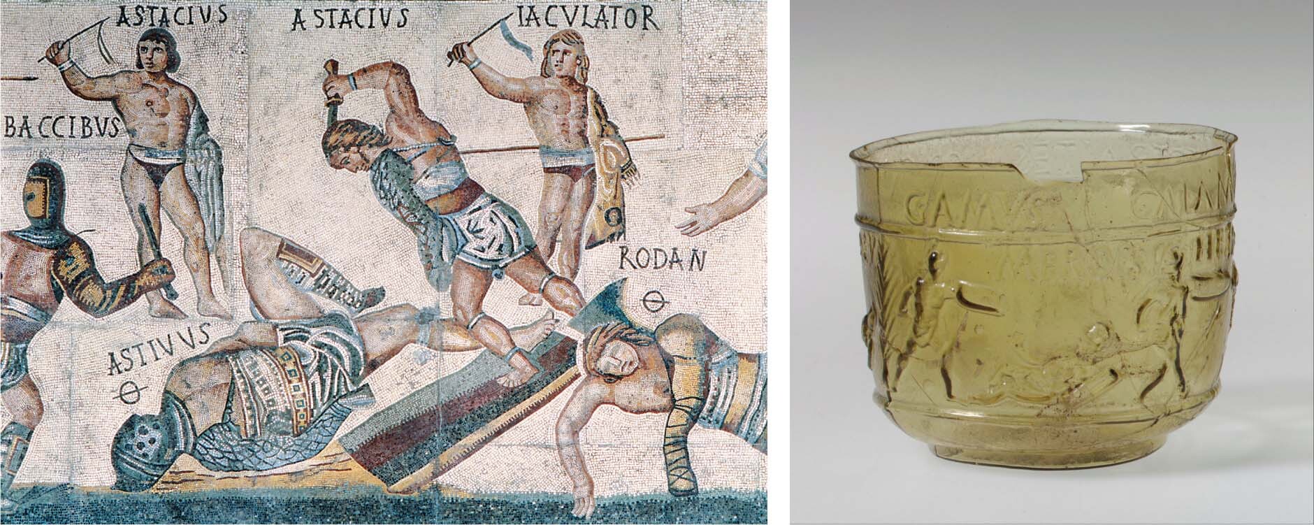 A mosaic of several Roman gladiators.; A glass cup with designs of pairs of fighting gladiators.